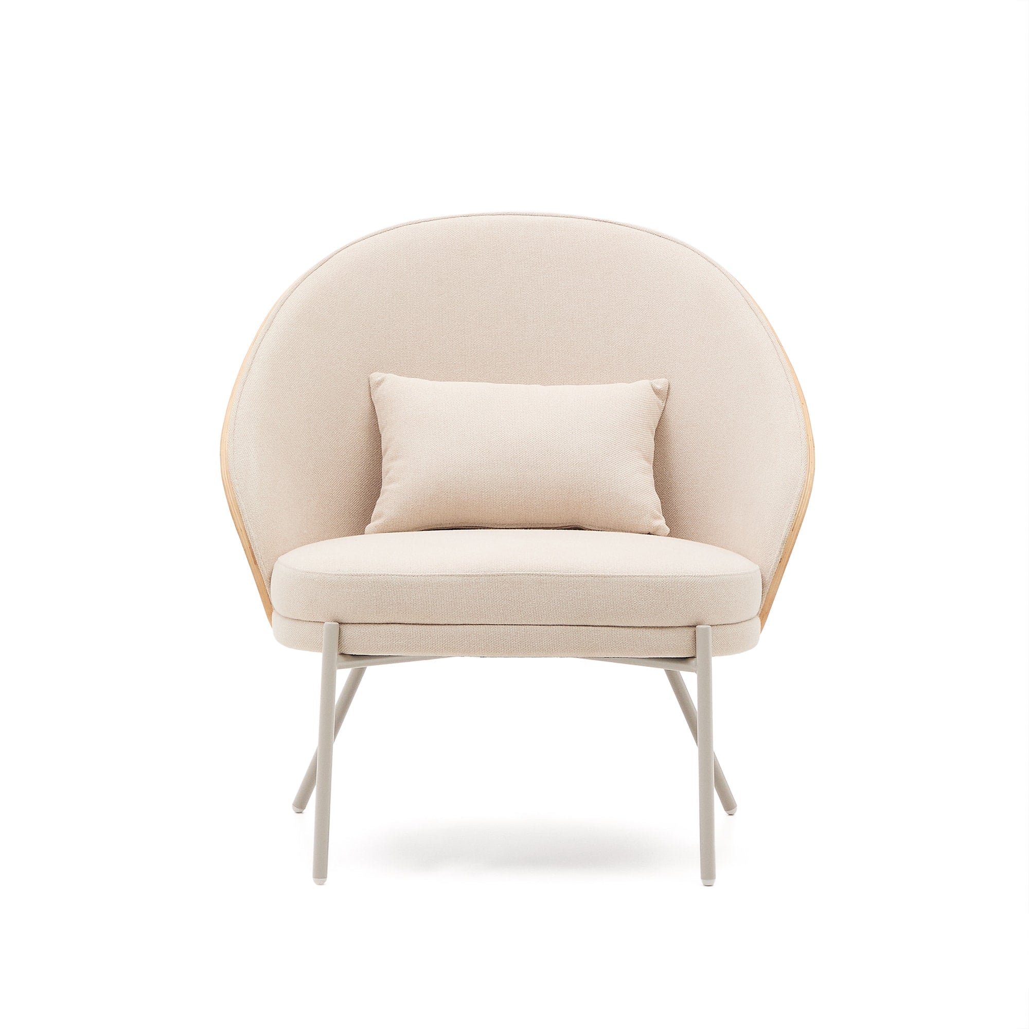 Eamy armchair in beige chenille with natural finish ash veneer and beige metal