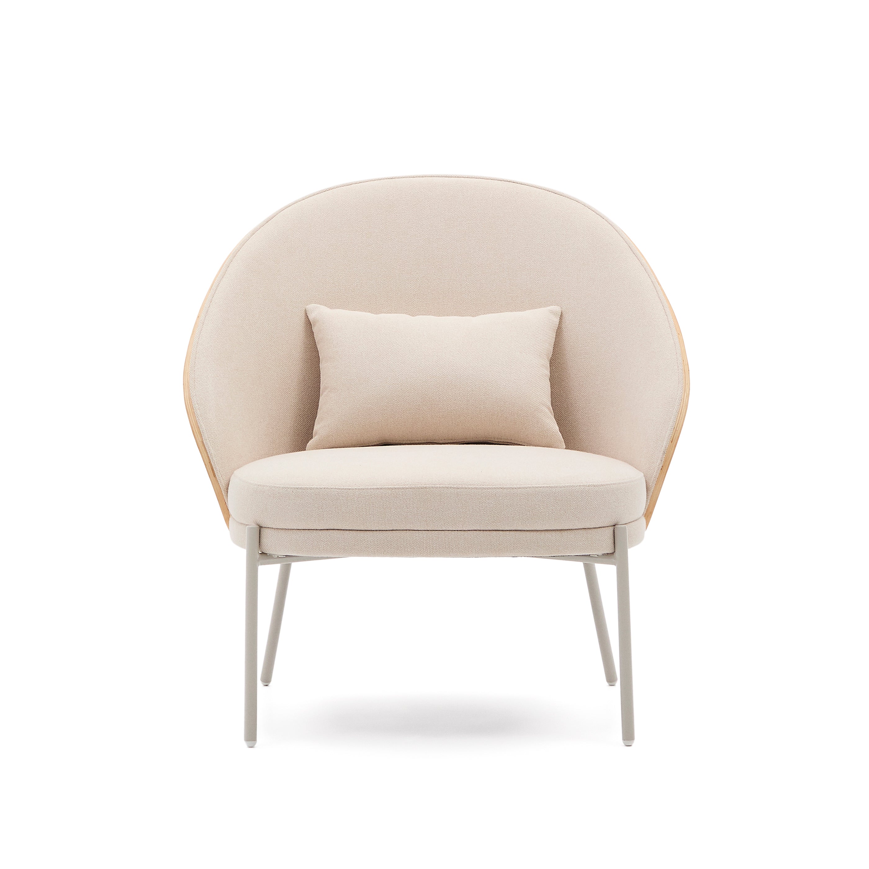 Eamy armchair in beige chenille, in a natural finish ash veneer and beige metal - Product Image