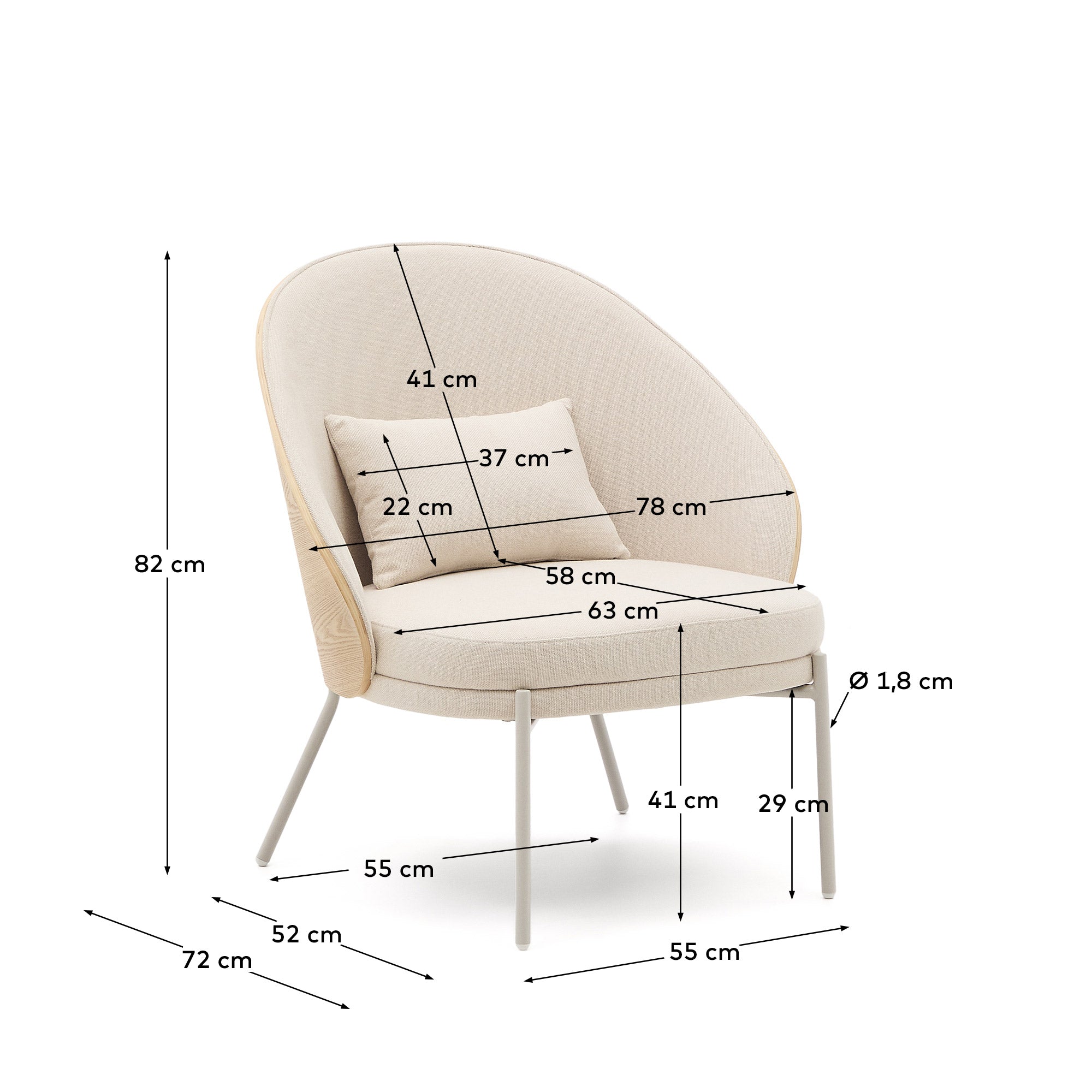 Eamy armchair in beige chenille, in a natural finish ash veneer and beige metal - Measurements