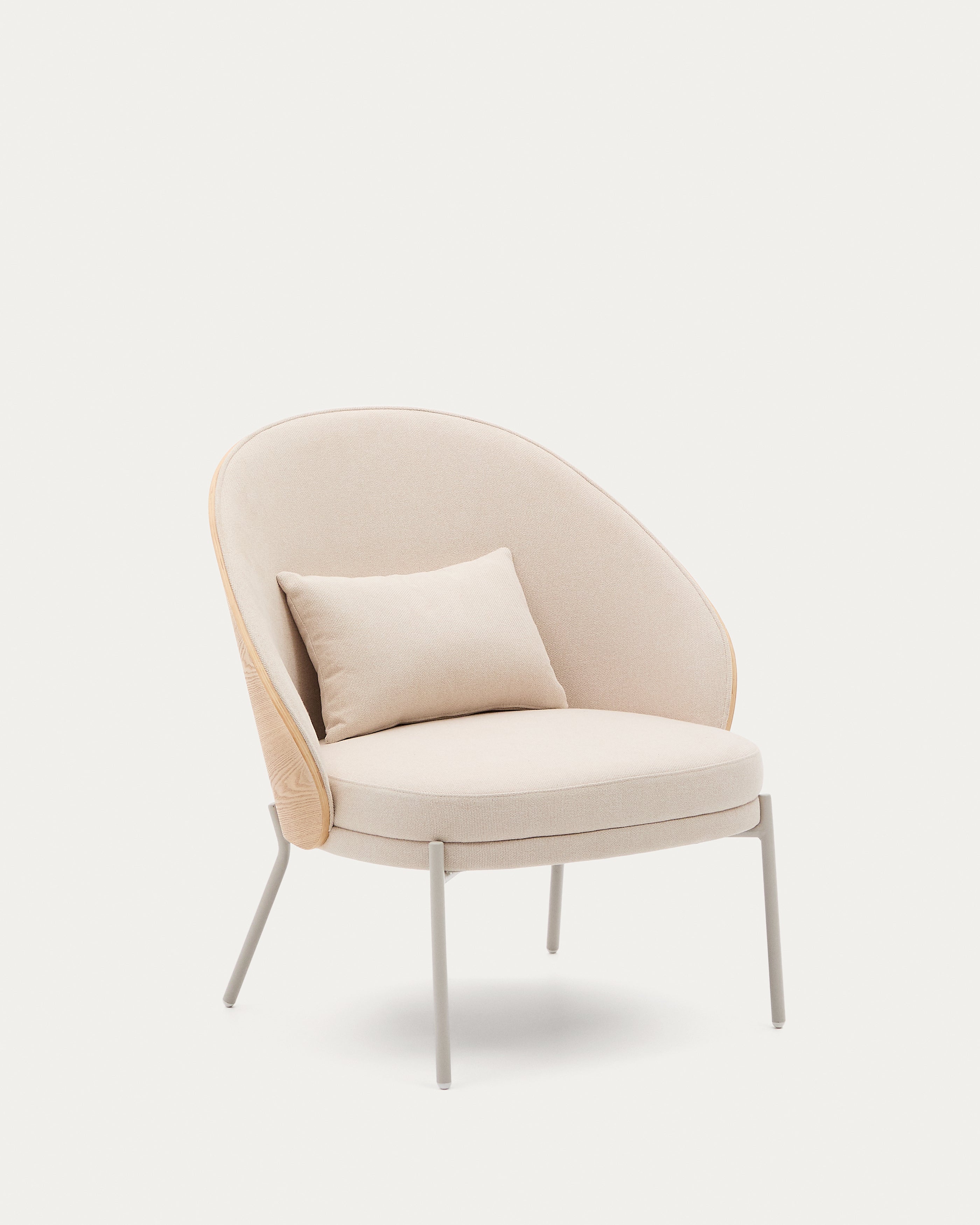 Eamy armchair in beige chenille, in a natural finish ash veneer and beige metal - Product View