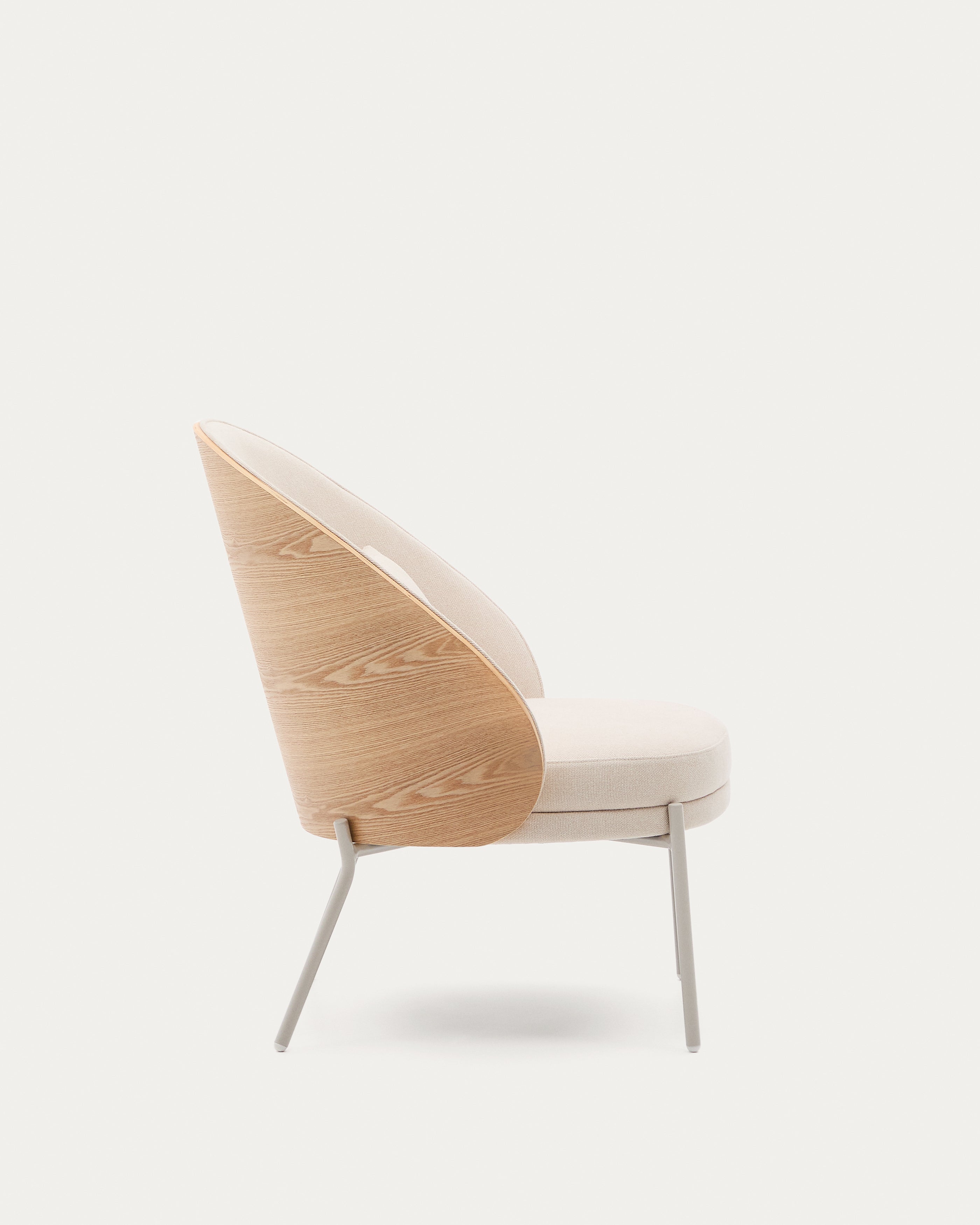 Eamy armchair in beige chenille, in a natural finish ash veneer and beige metal - Product View