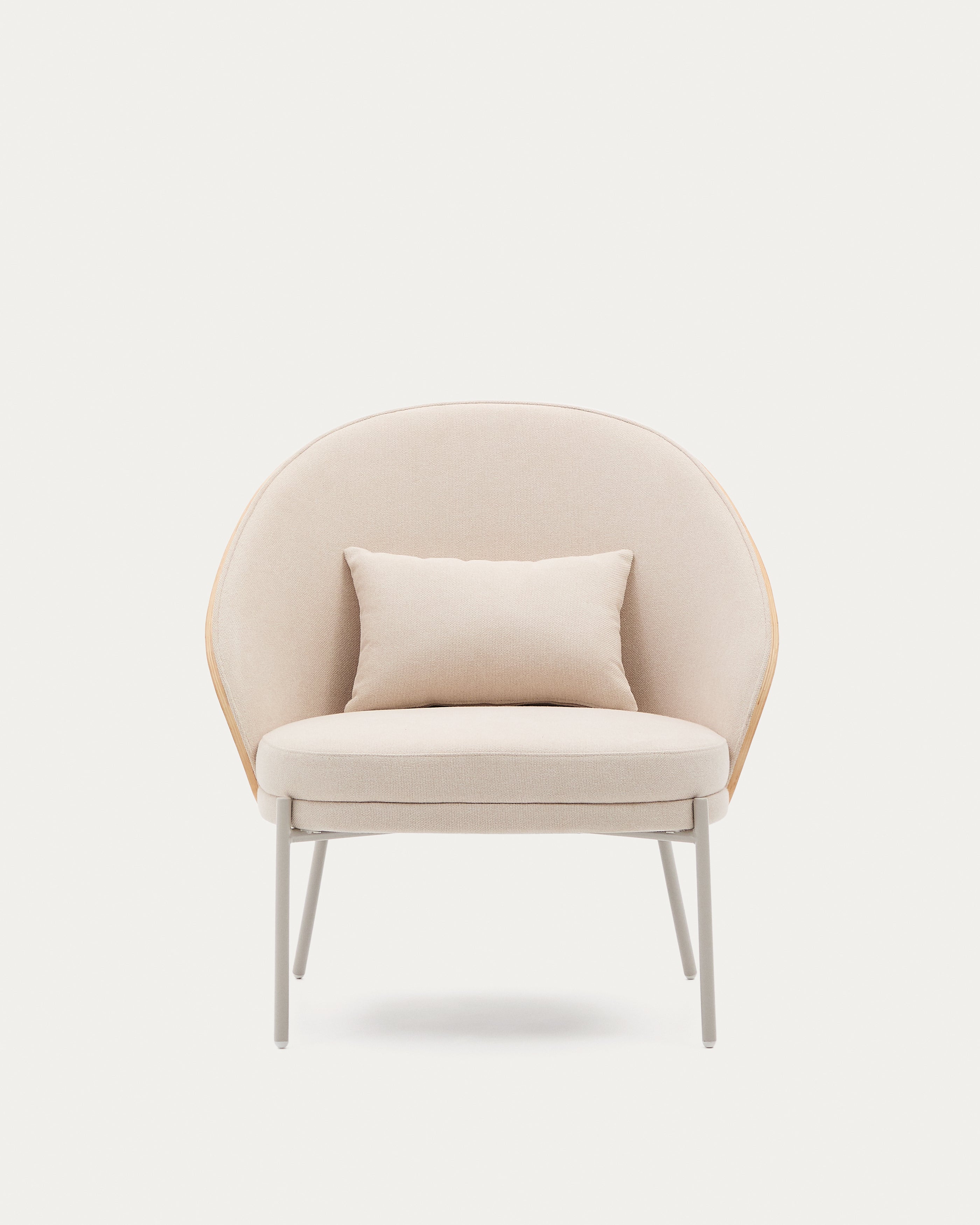 Eamy armchair in beige chenille, in a natural finish ash veneer and beige metal - Product View