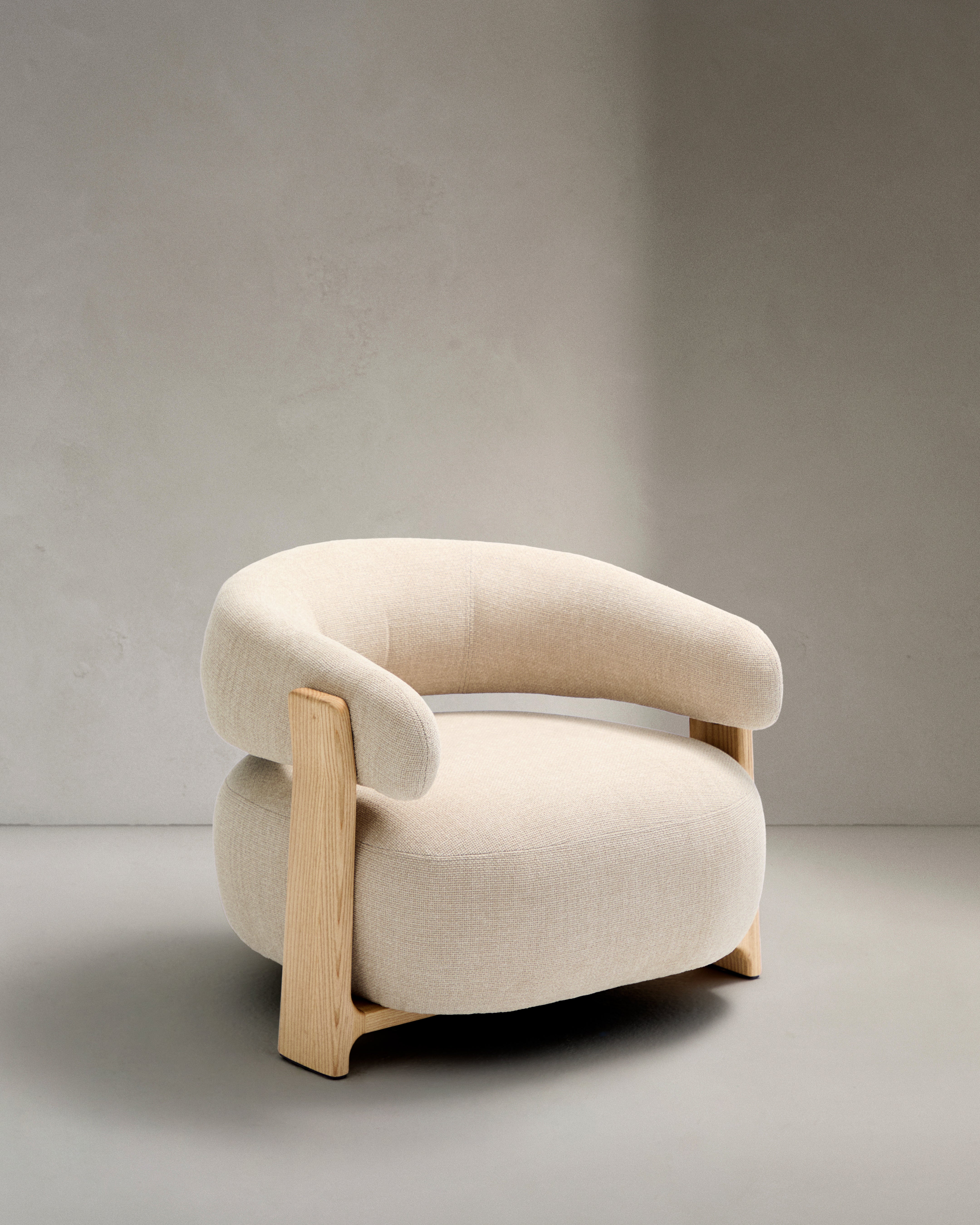 Granite fire-retardant armchair in beige chenille and solid ash wood with natural-coloured finish FSC 100% - Product Image