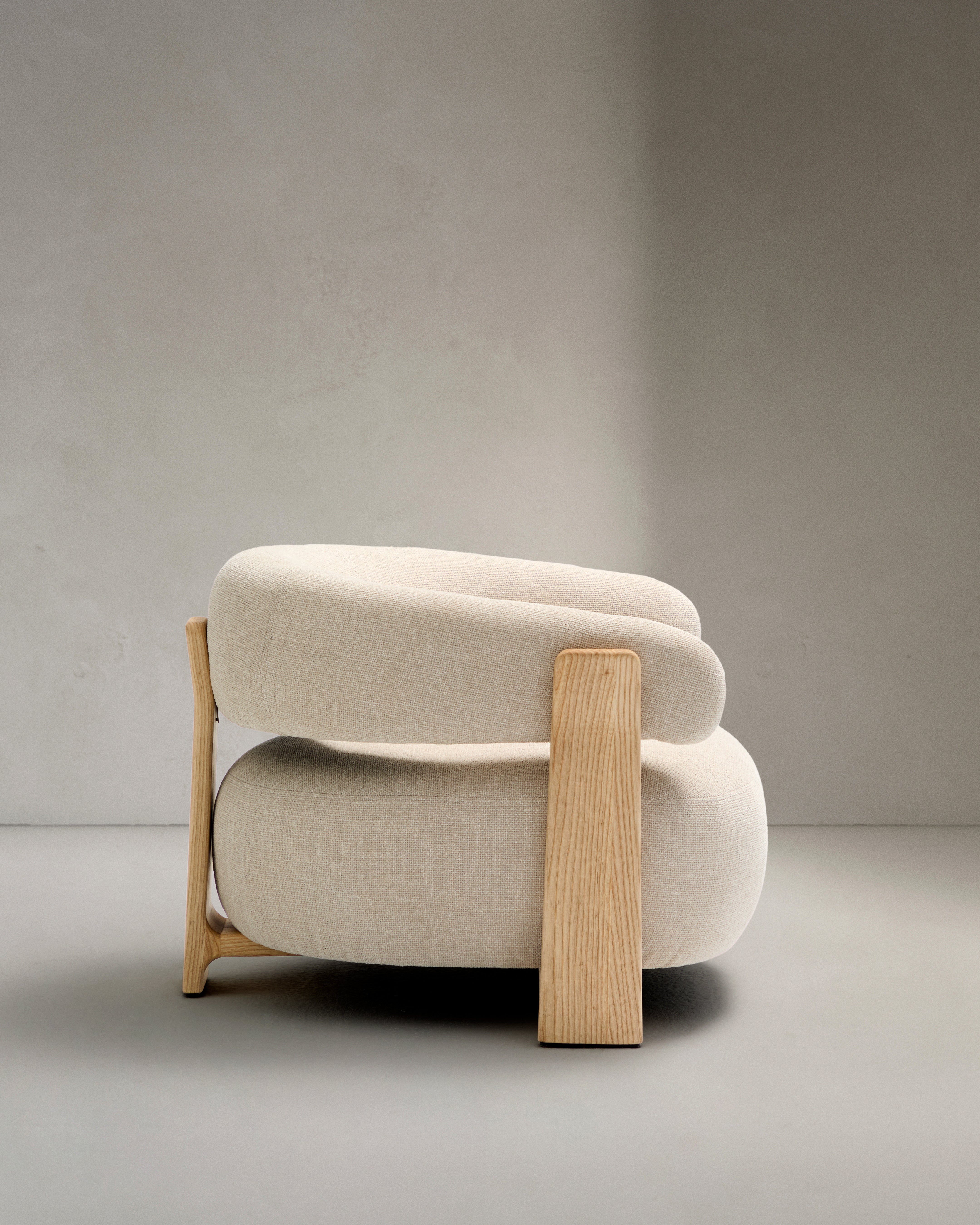 Granite fire-retardant armchair in beige chenille and solid ash wood with natural-coloured finish FSC 100% - Product Image