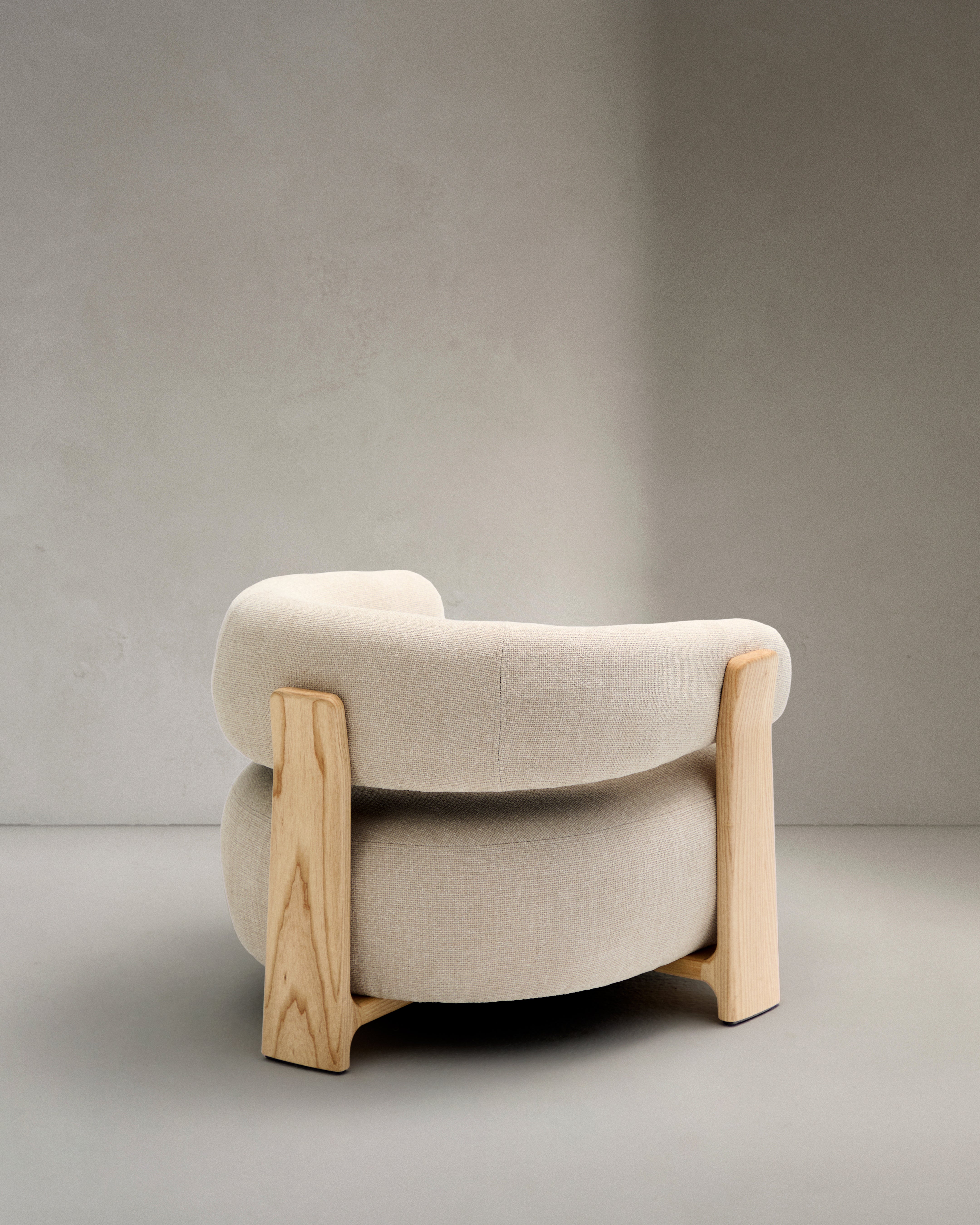 Granite fire-retardant armchair in beige chenille and solid ash wood with natural-coloured finish FSC 100% - Product Image