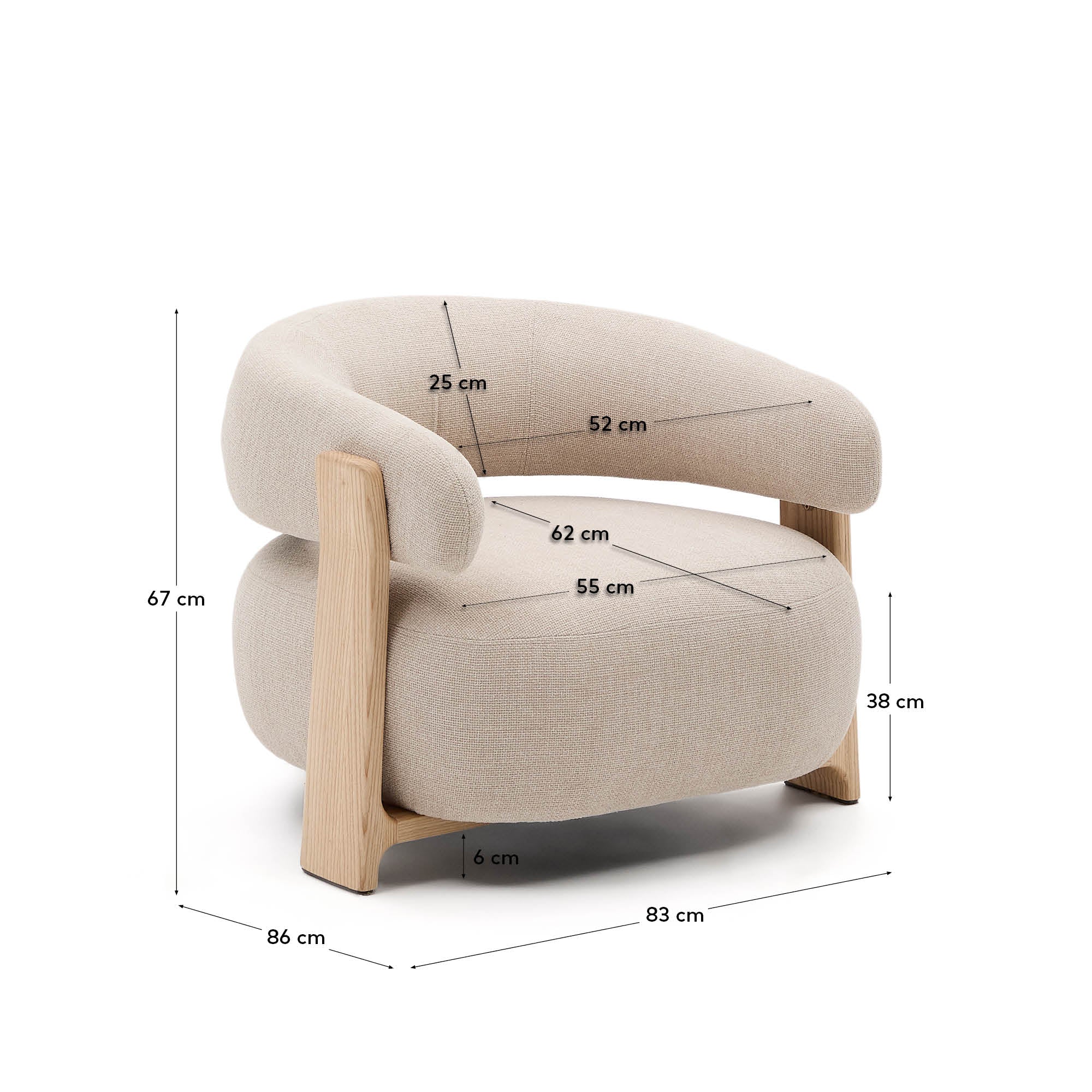 Granite fire-retardant armchair in beige chenille and solid ash wood with natural-coloured finish FSC 100% - Measurements
