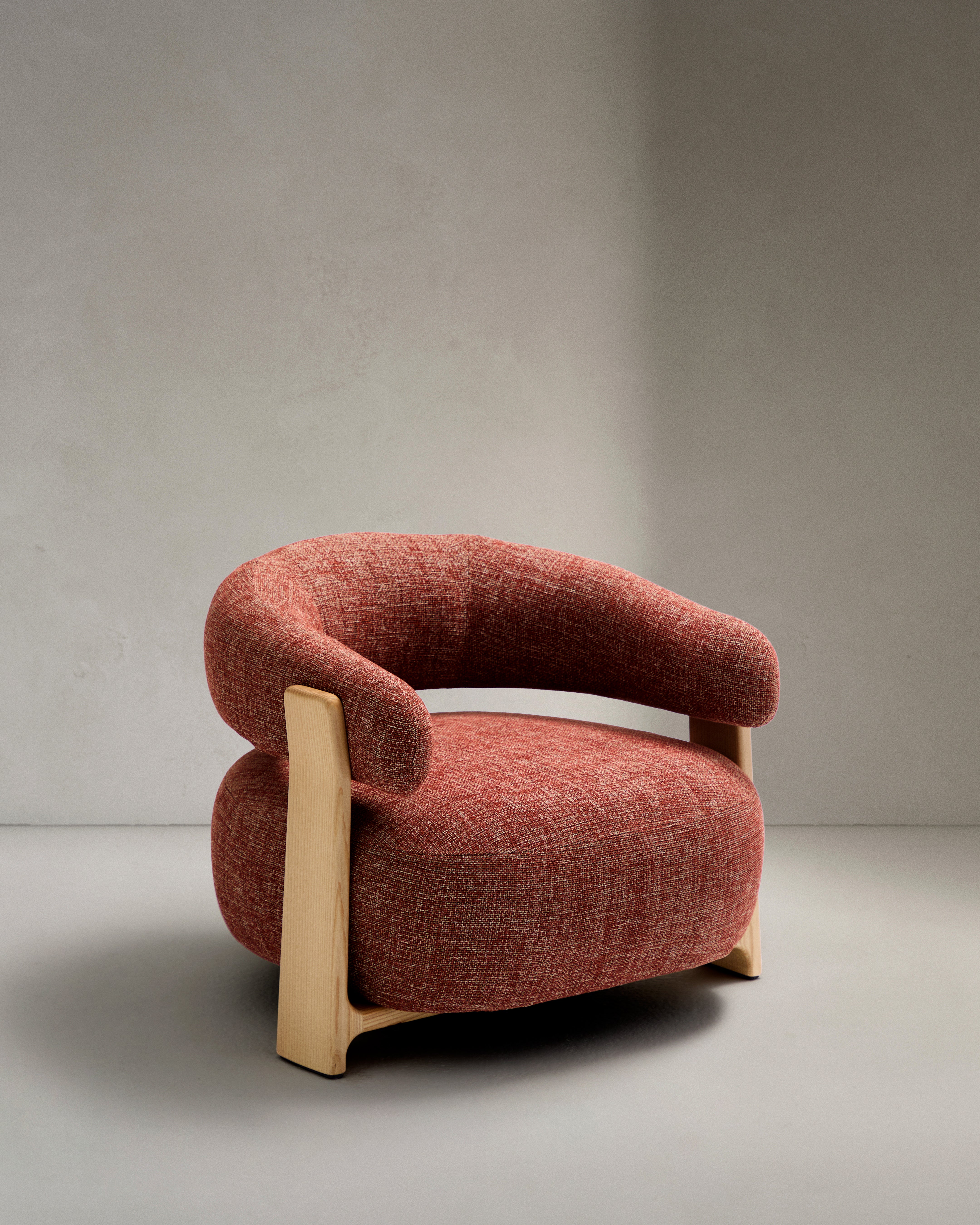 Granite fire-retardant armchair in terracotta chenille and solid ash wood with natural-coloured finish FSC 100% - Product Image