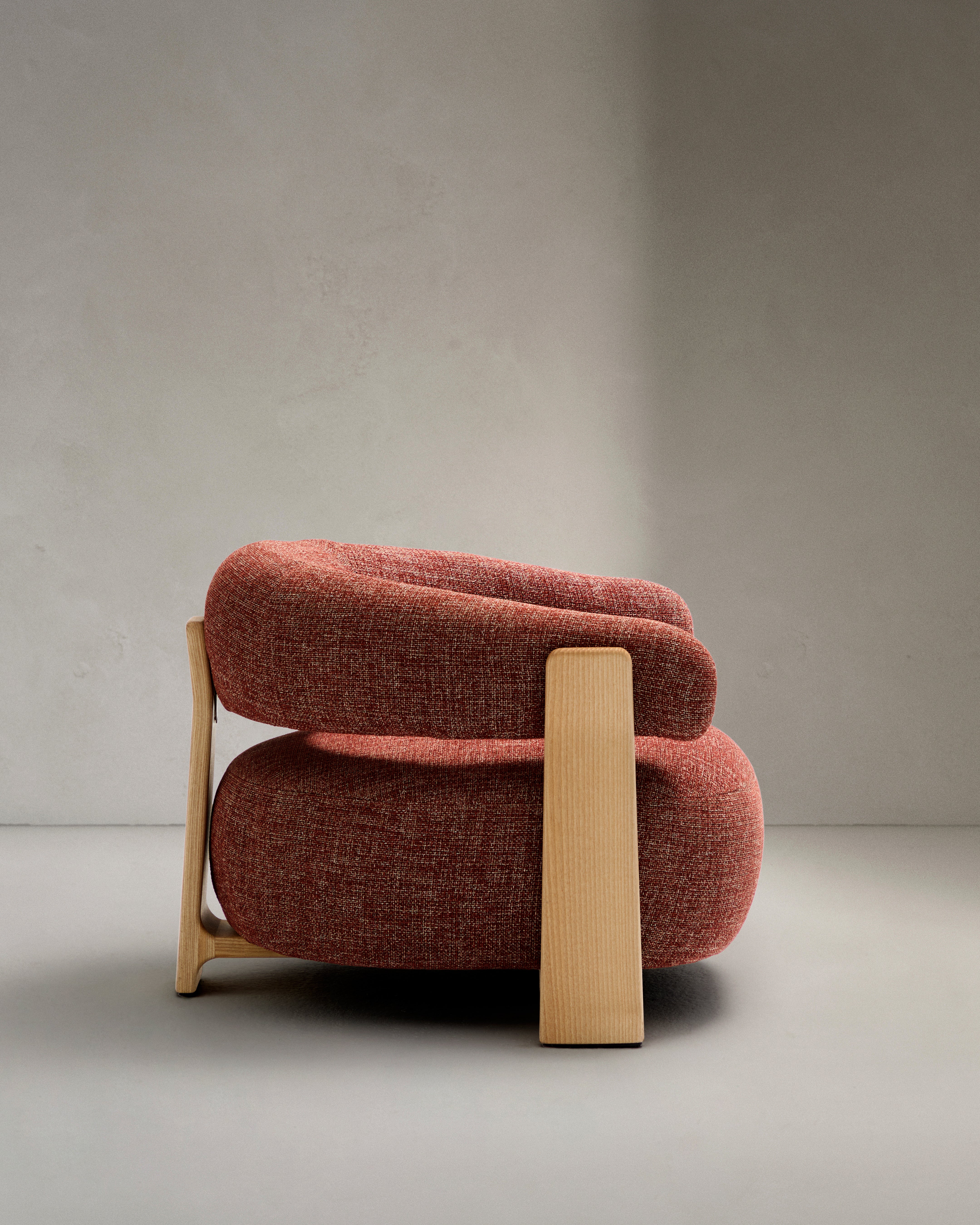 Granite fire-retardant armchair in terracotta chenille and solid ash wood with natural-coloured finish FSC 100% - Product Image