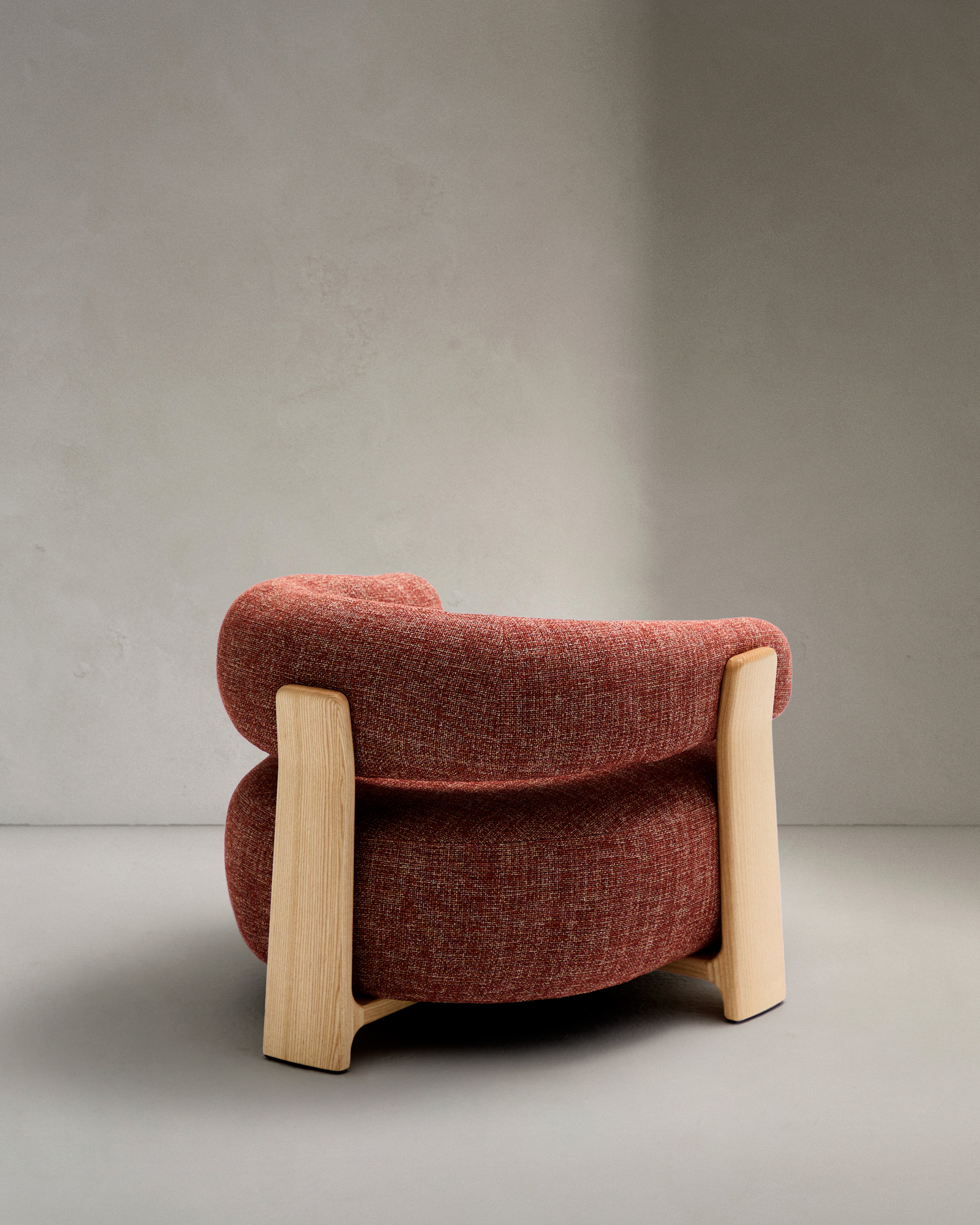 Granite fire-retardant armchair in terracotta chenille and solid ash wood with natural-coloured finish FSC 100% - Product Image