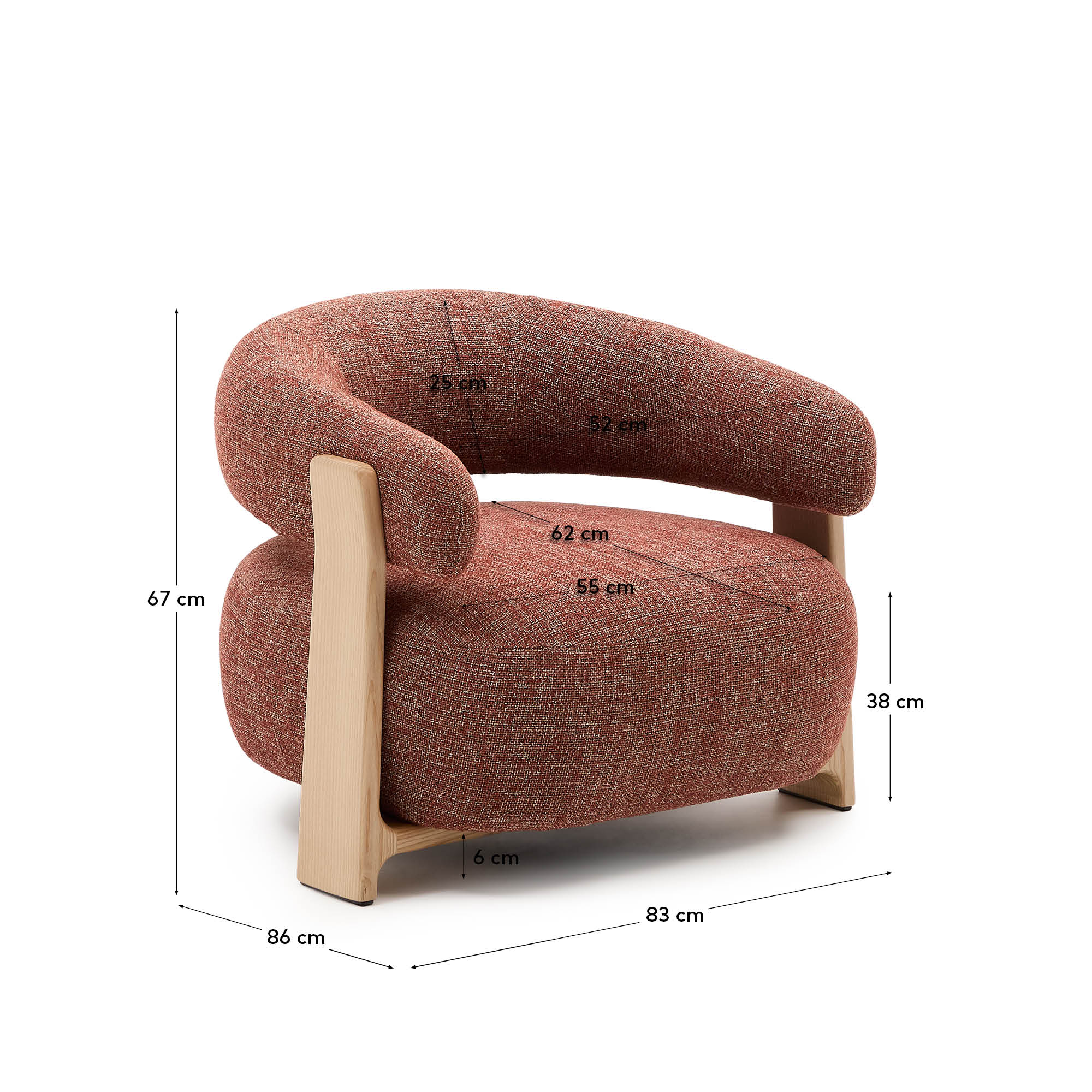 Granite fire-retardant armchair in terracotta chenille and solid ash wood with natural-coloured finish FSC 100% - Measurements