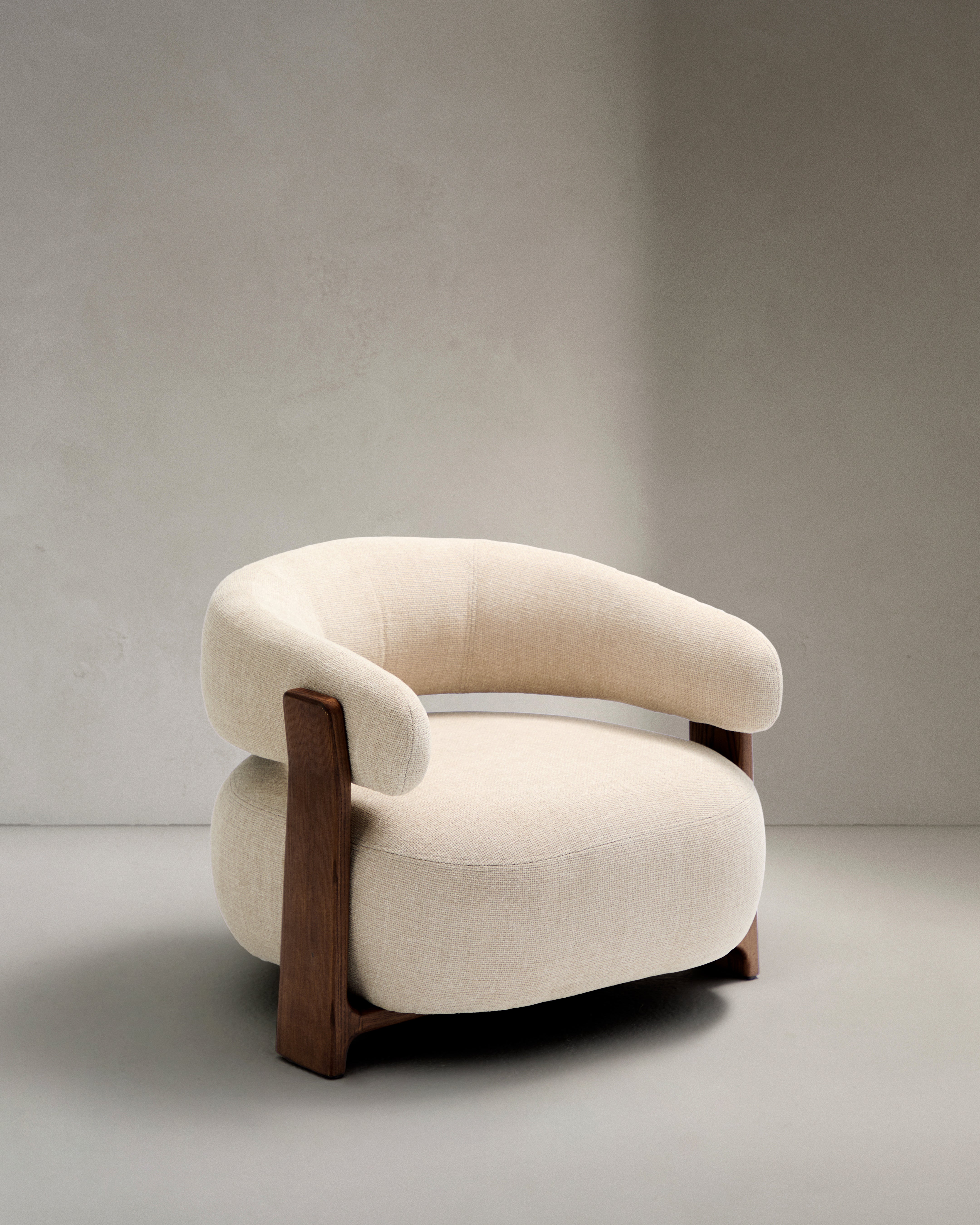 Granite fire-retardant armchair in beige chenille and solid ash wood with walnut-coloured finish FSC 100% - Product Image