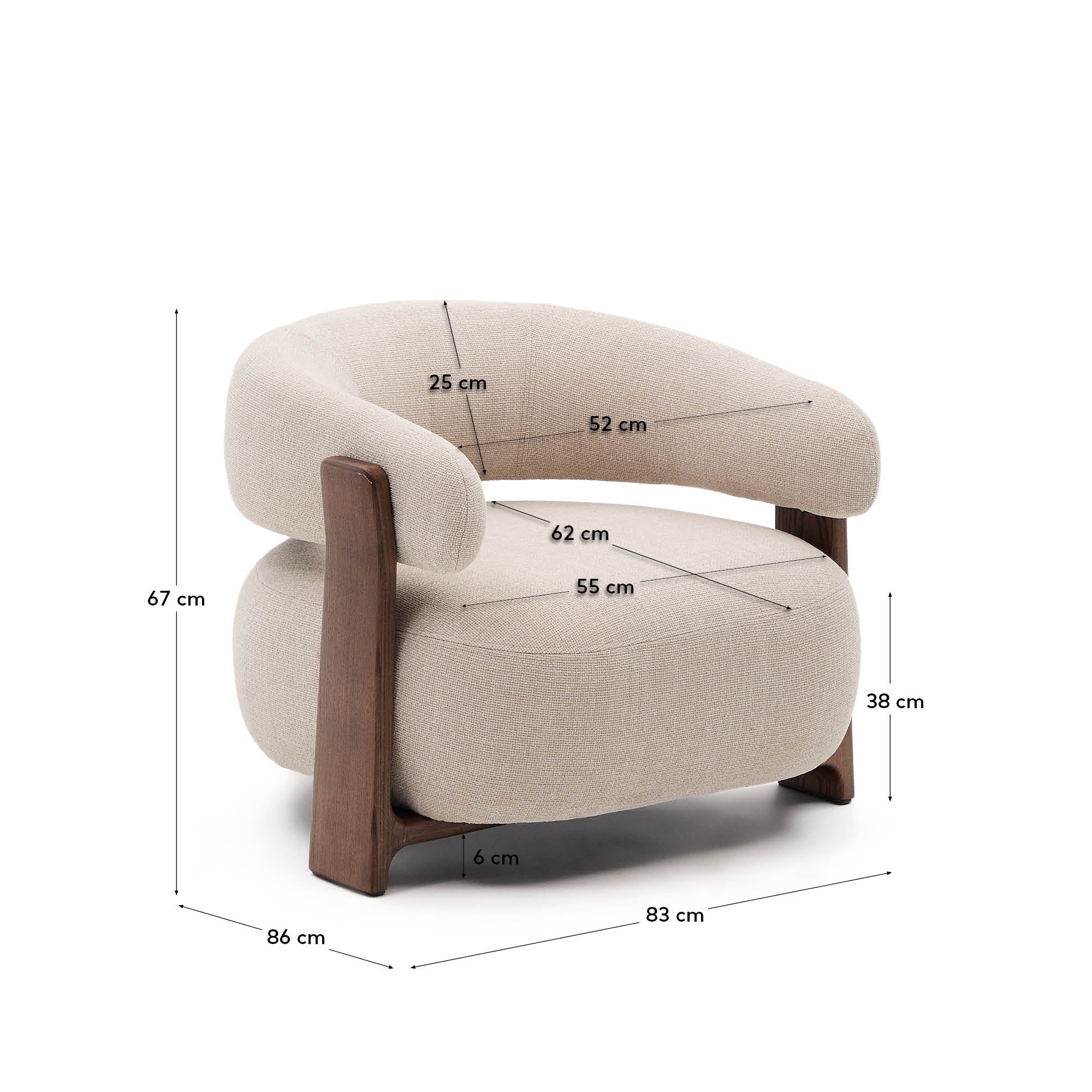 Granite fire-retardant armchair in beige chenille and solid ash wood with walnut-coloured finish FSC 100% - Measurements
