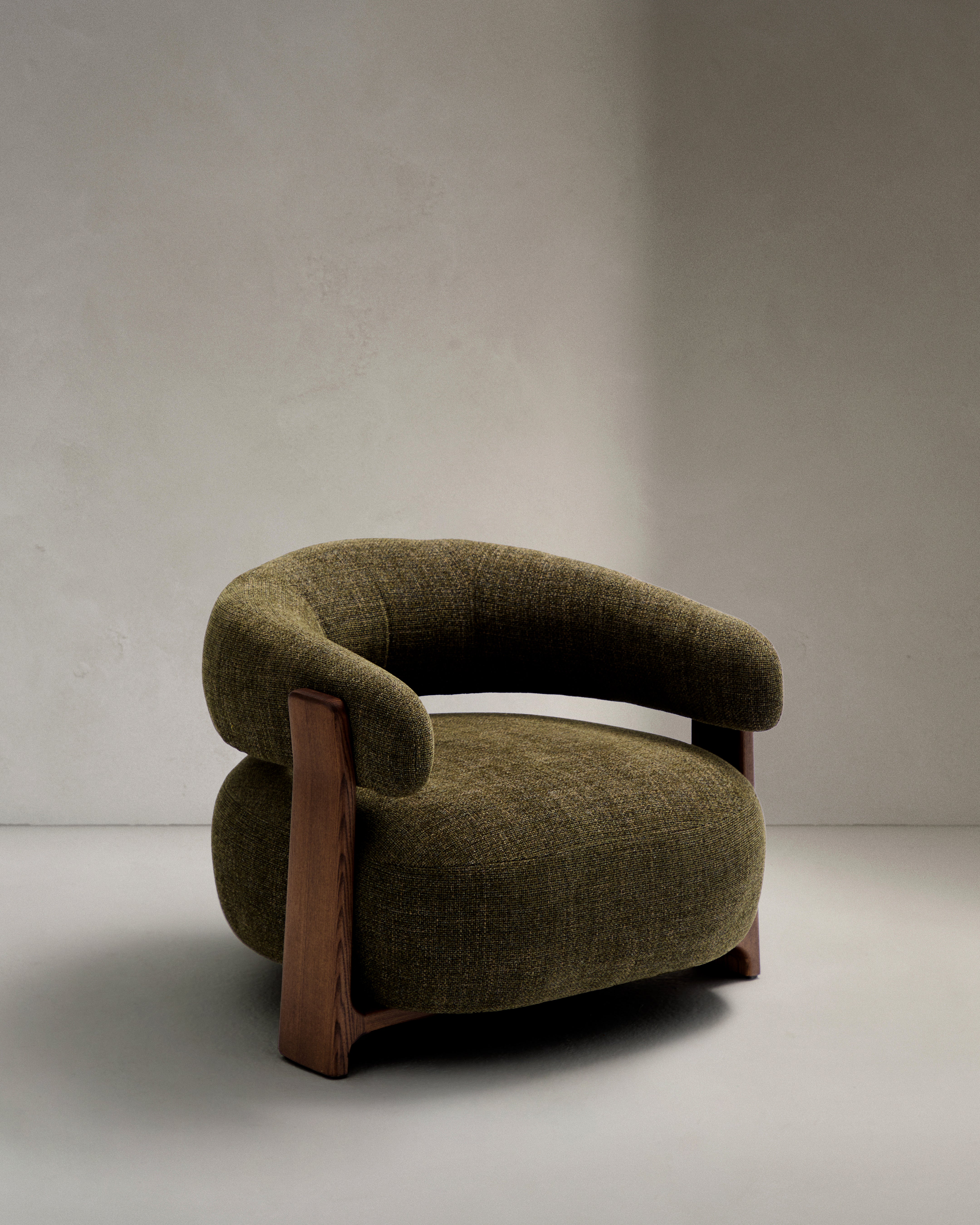 Granite fire-retardant armchair in green chenille and solid ash wood with walnut-coloured finish FSC 100% - Product Image
