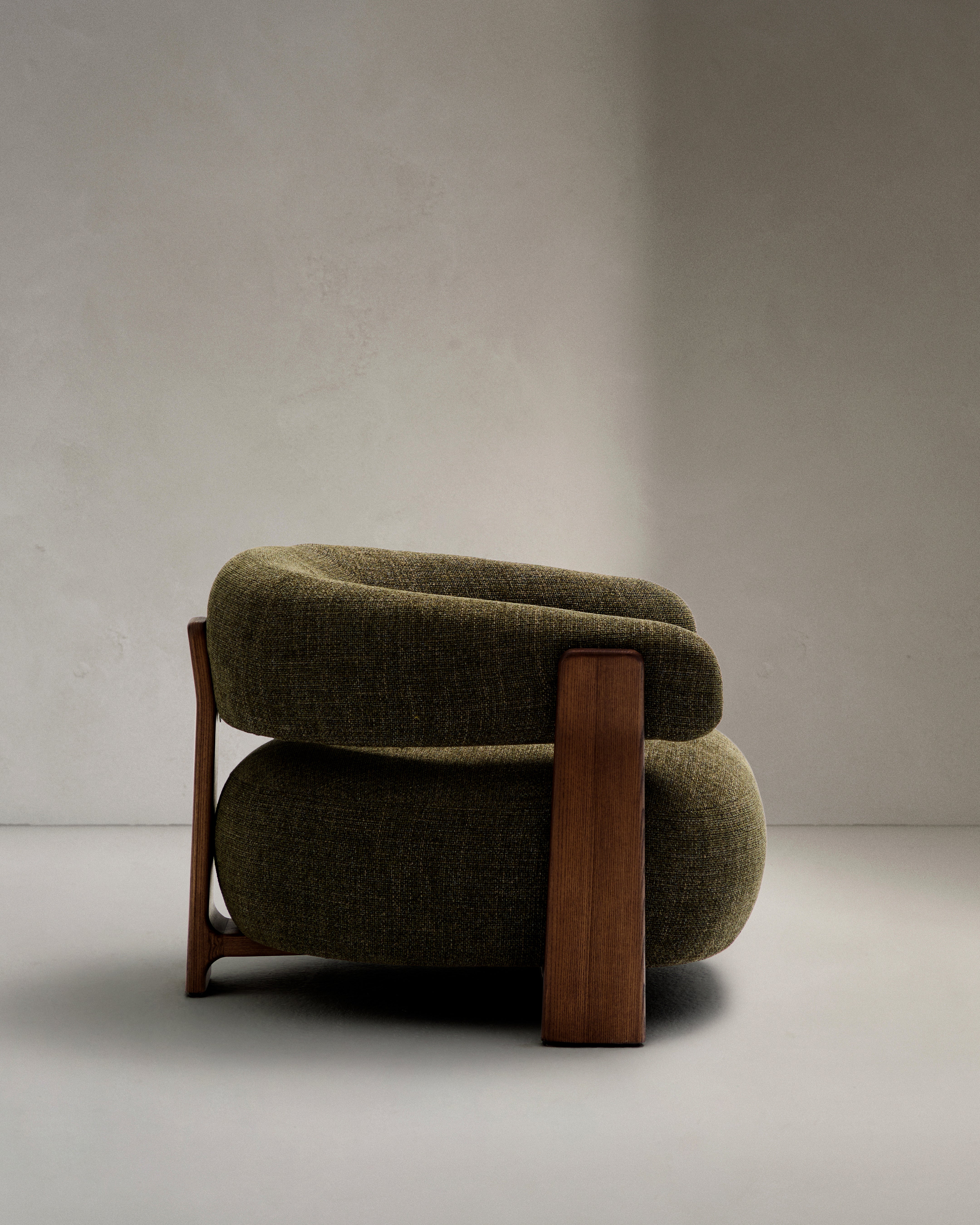 Granite fire-retardant armchair in green chenille and solid ash wood with walnut-coloured finish FSC 100% - Product Image