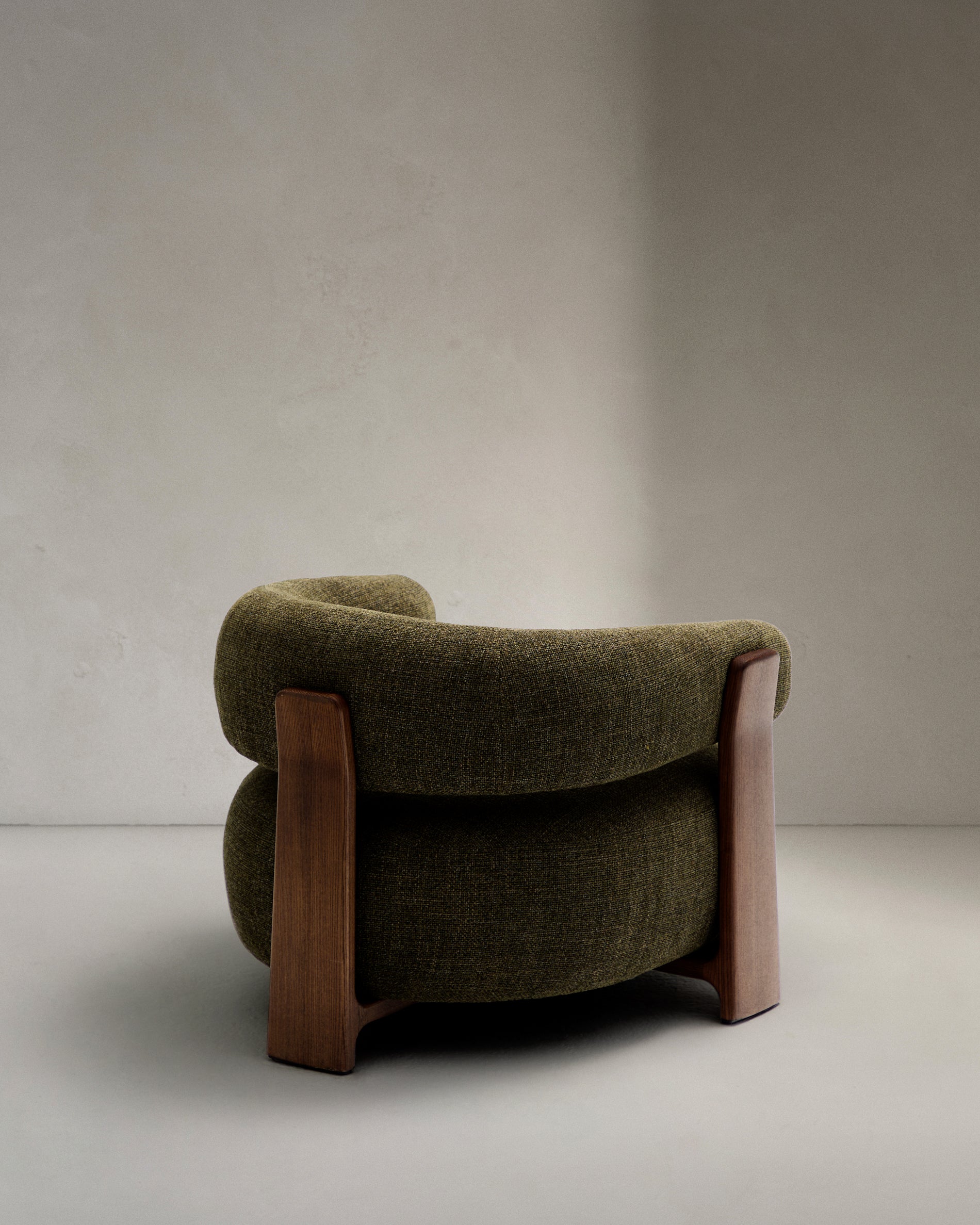 Granite green chenille armchair with solid ash wood legs in a walnut finish FSC 100% - Product View