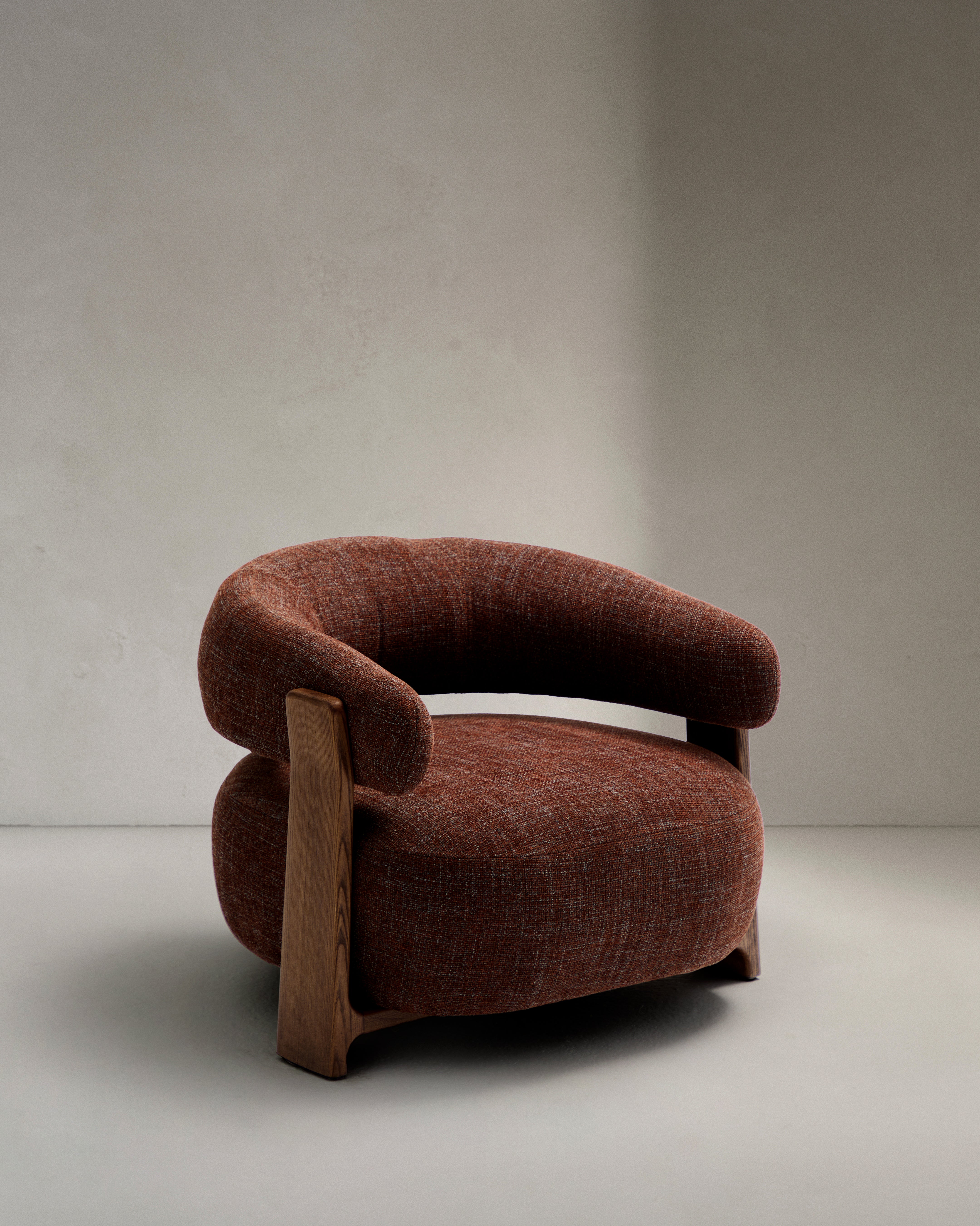 Granite fire-retardant armchair in brown chenille and solid ash wood with walnut-coloured finish FSC 100% - Product Image