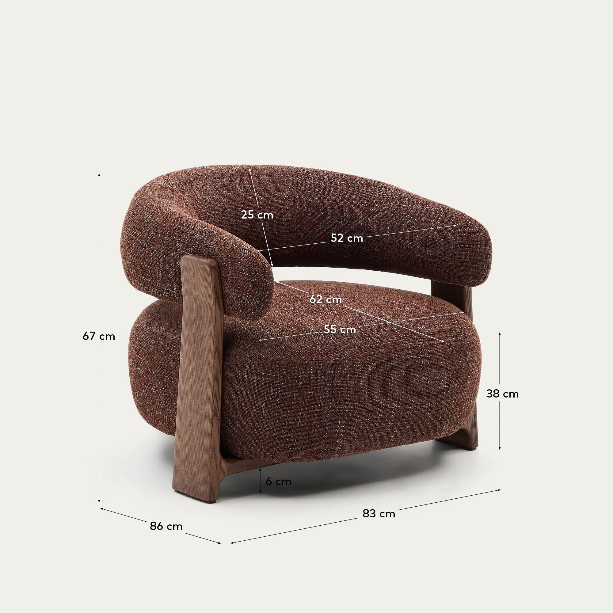 Granite brown chenille armchair with solid ash wood legs in a walnut finish FSC 100% - Measurements