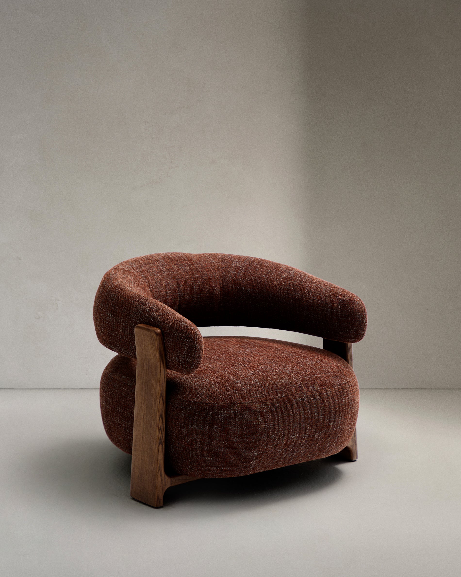 Granite brown chenille armchair with solid ash wood legs in a walnut finish FSC 100% - Product View