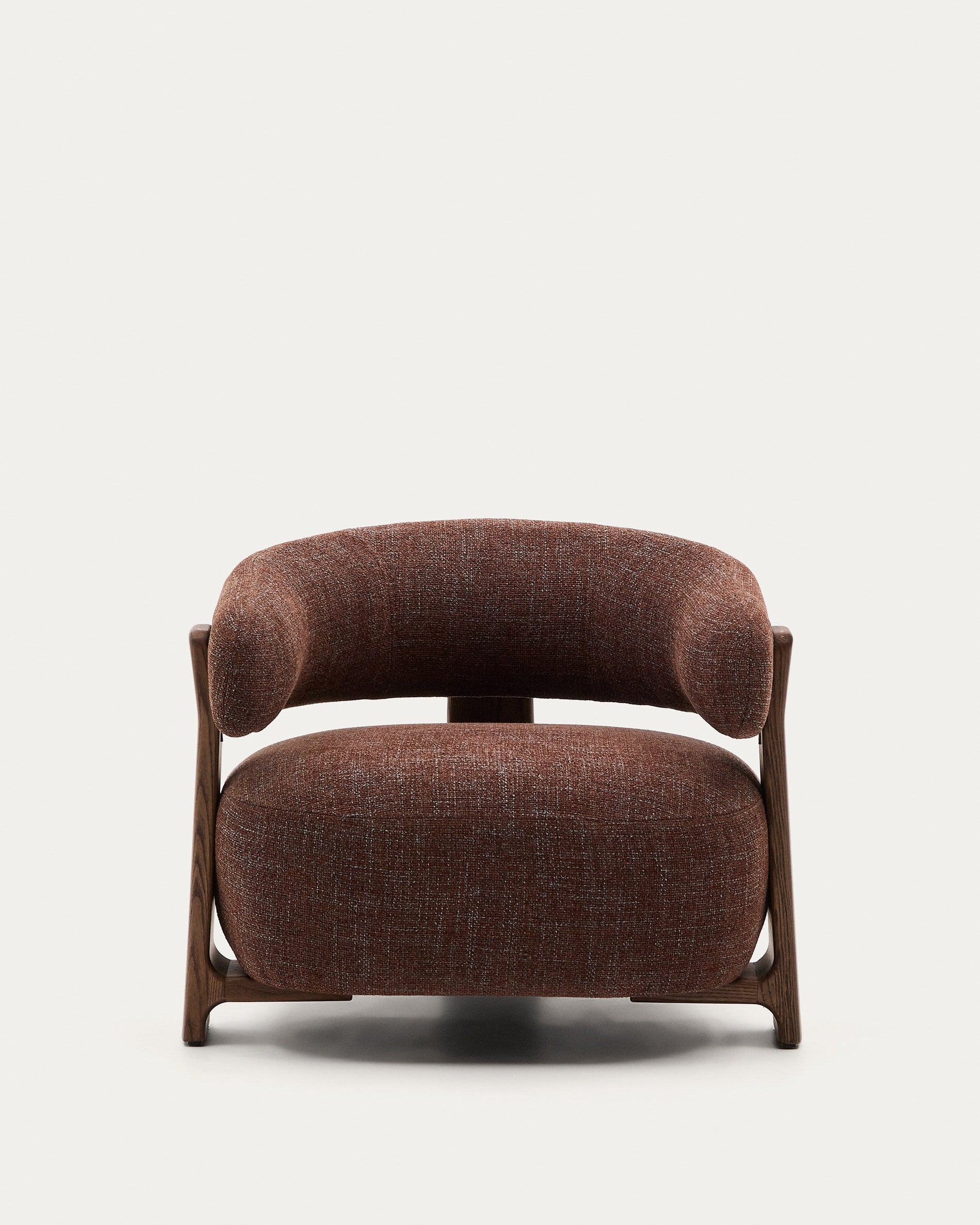 Granite brown upholstered armchair with solid ash wood legs in walnut finish, FSC 100%