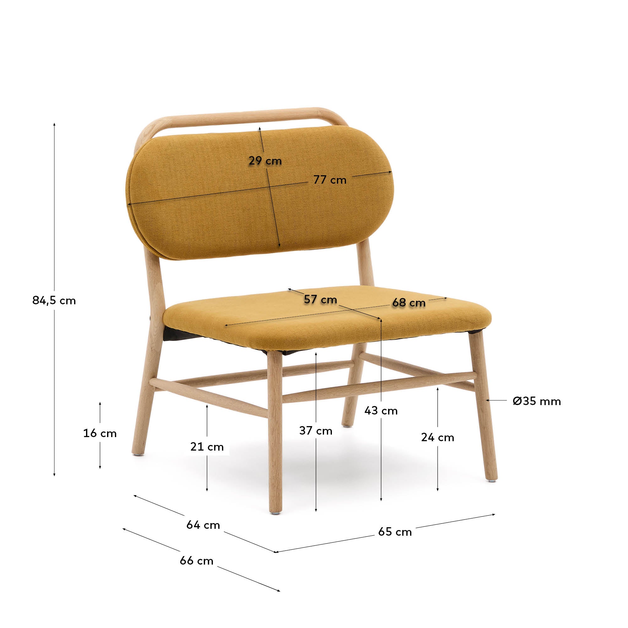 Helda armchair in mustard-coloured chenille and FSC Mix Credit solid oak wood - Measurements