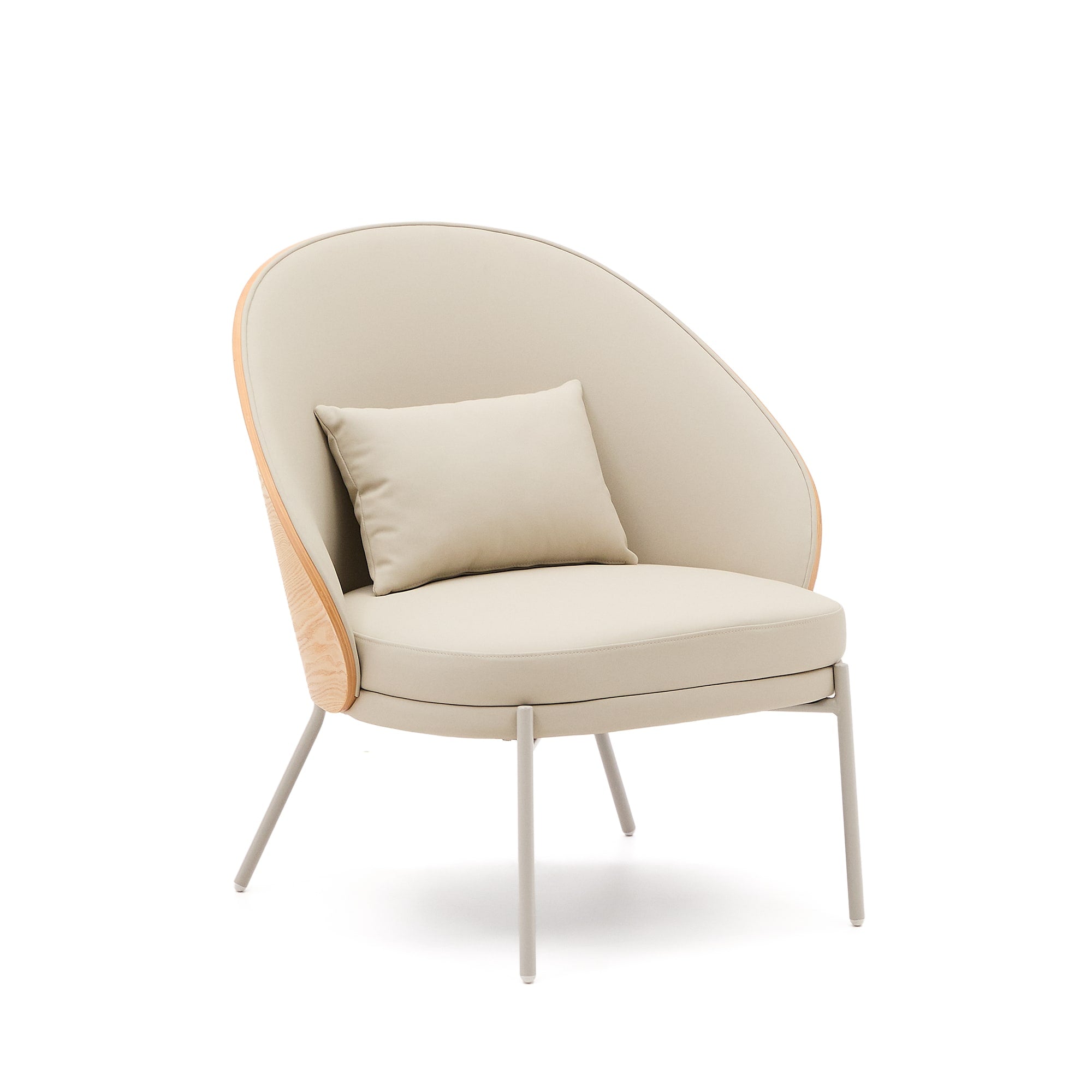 Eamy armchair in beige faux leather, ash veneer with natural finish and beige metal