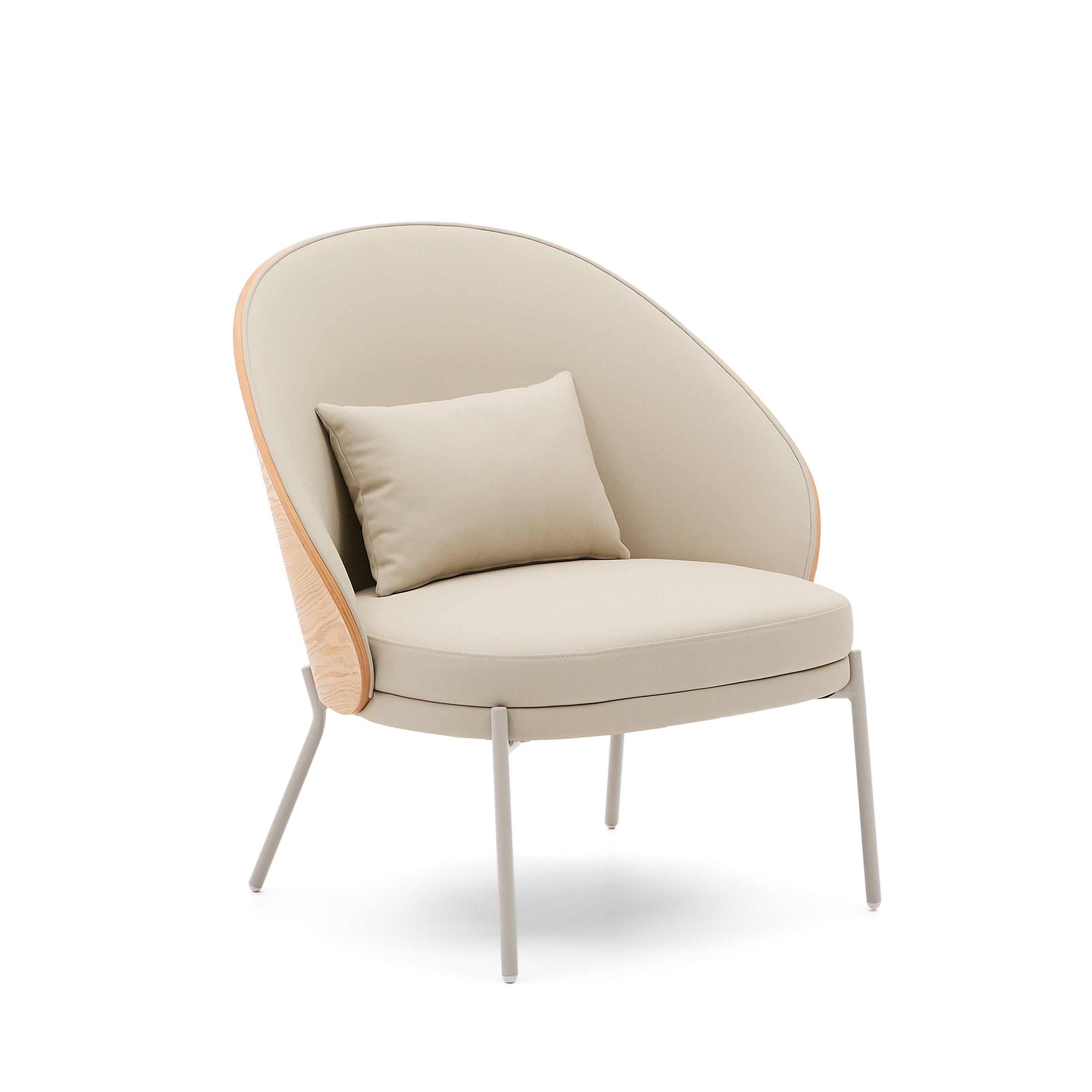 Eamy armchair in beige faux leather, ash veneer with natural finish and beige metal - Product Image