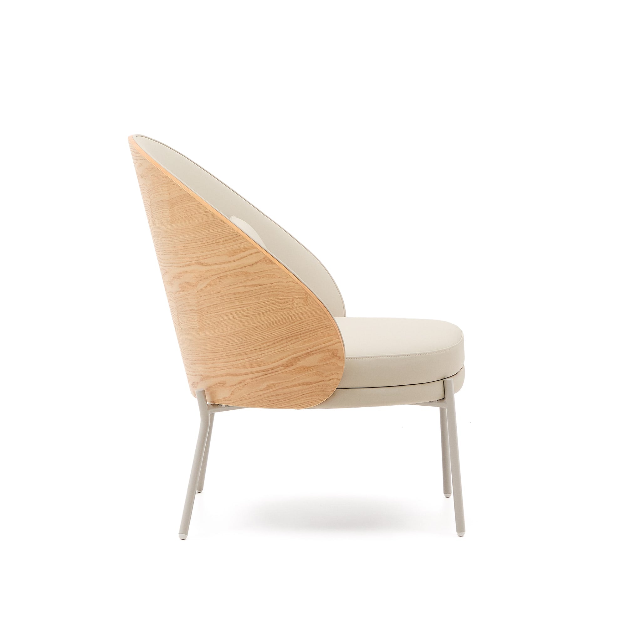 Eamy armchair in beige faux leather, ash veneer with natural finish and beige metal