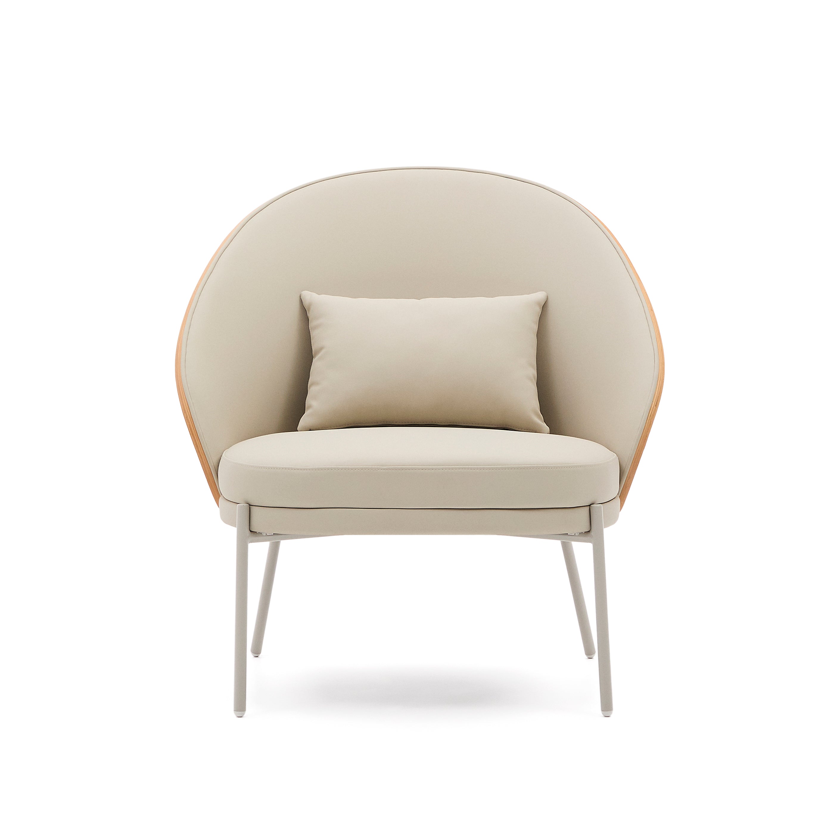 Eamy armchair in beige faux leather, ash veneer with natural finish and beige metal - Product Image
