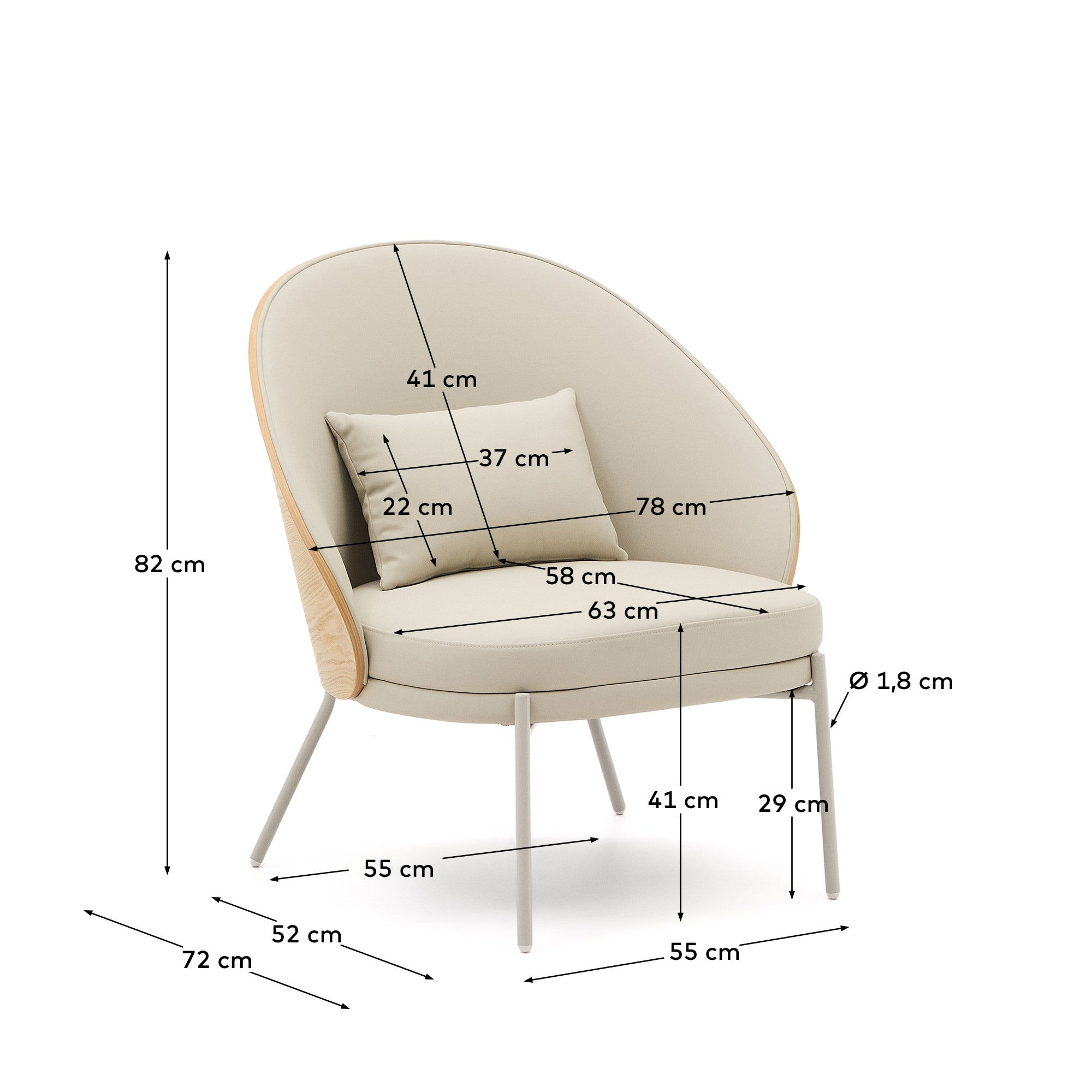 Eamy armchair in beige faux leather, ash veneer with natural finish and beige metal - Measurements