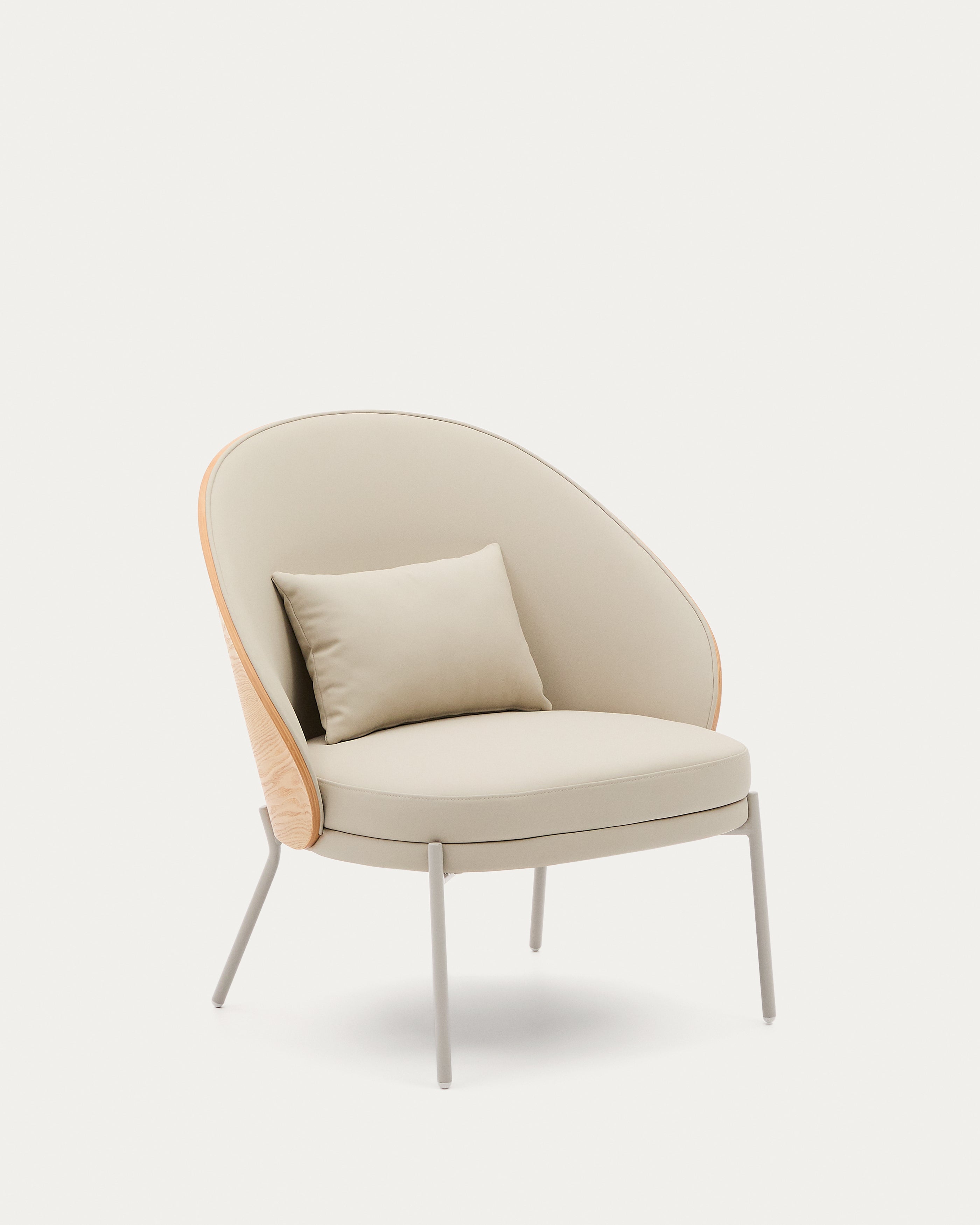 Eamy armchair in beige faux leather, ash veneer with natural finish and beige metal - Product View