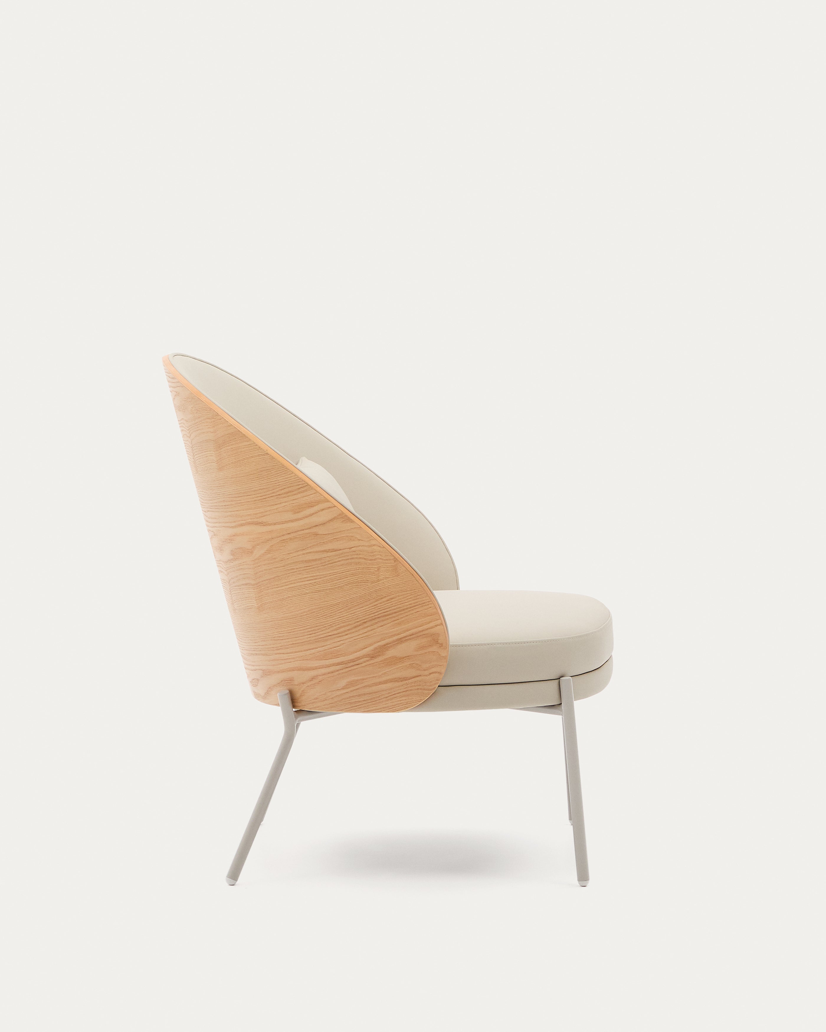 Eamy armchair in beige faux leather, ash veneer with natural finish and beige metal - Product View