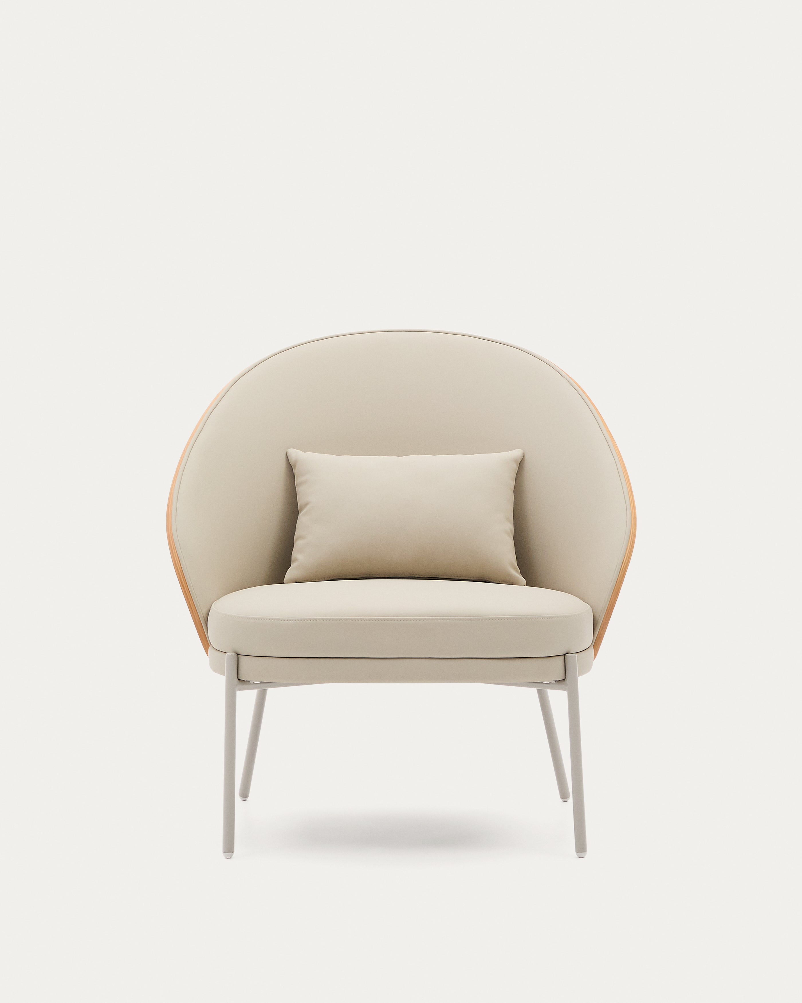 Eamy armchair in beige faux leather, ash veneer with natural finish and beige metal - Product View