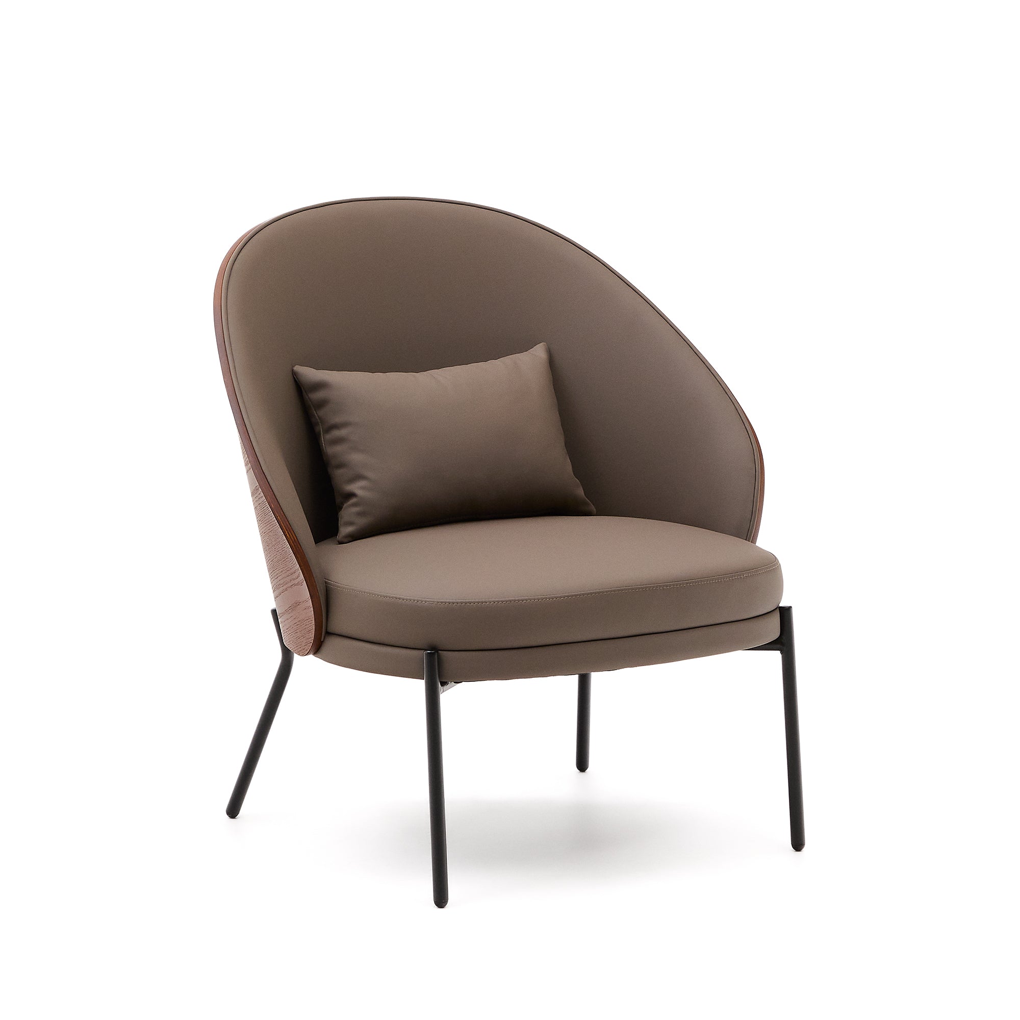 Eamy armchair in brown faux leather, ash veneer with walnut and black metal finish - Product Image