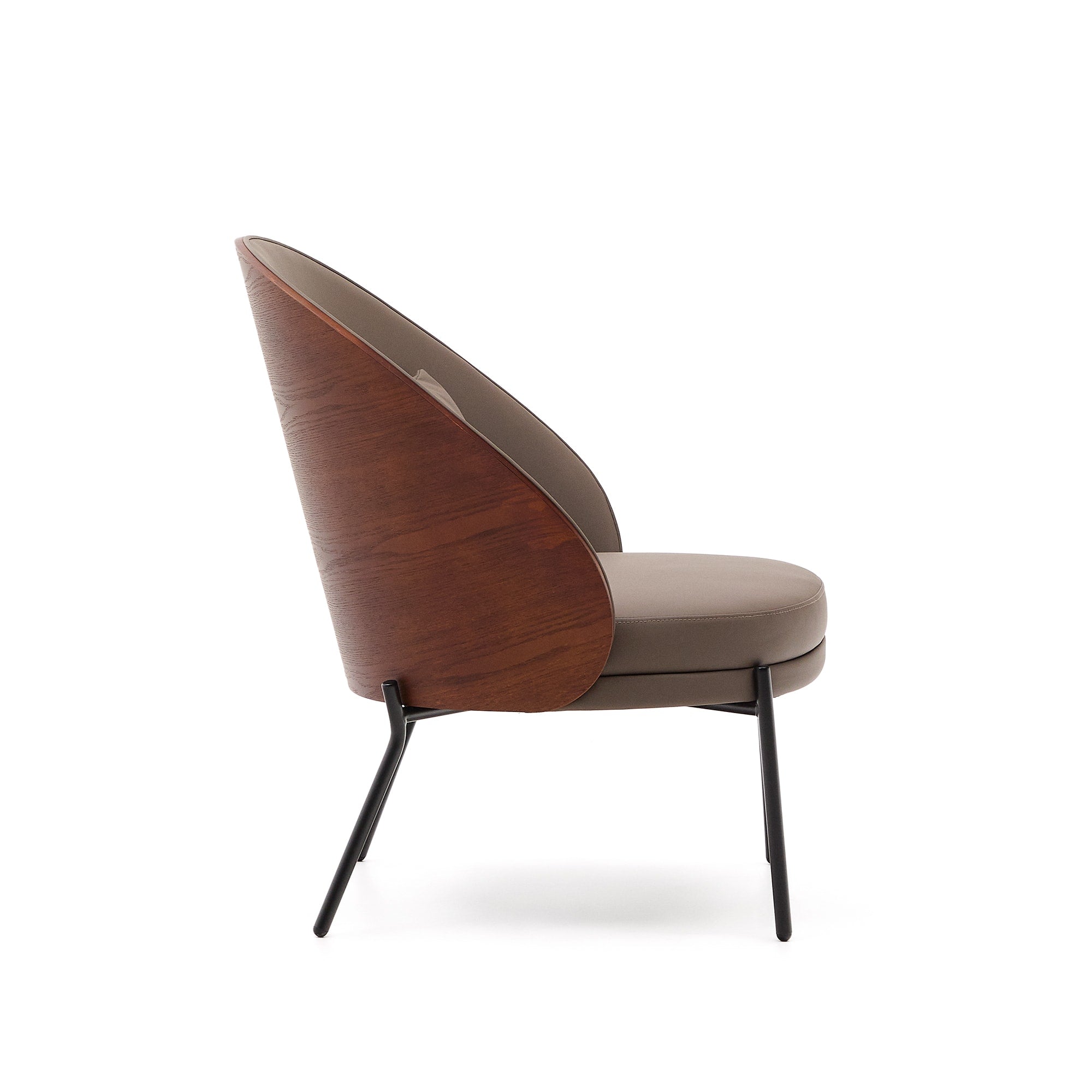 Eamy armchair in brown faux leather, ash veneer with walnut and black metal finish