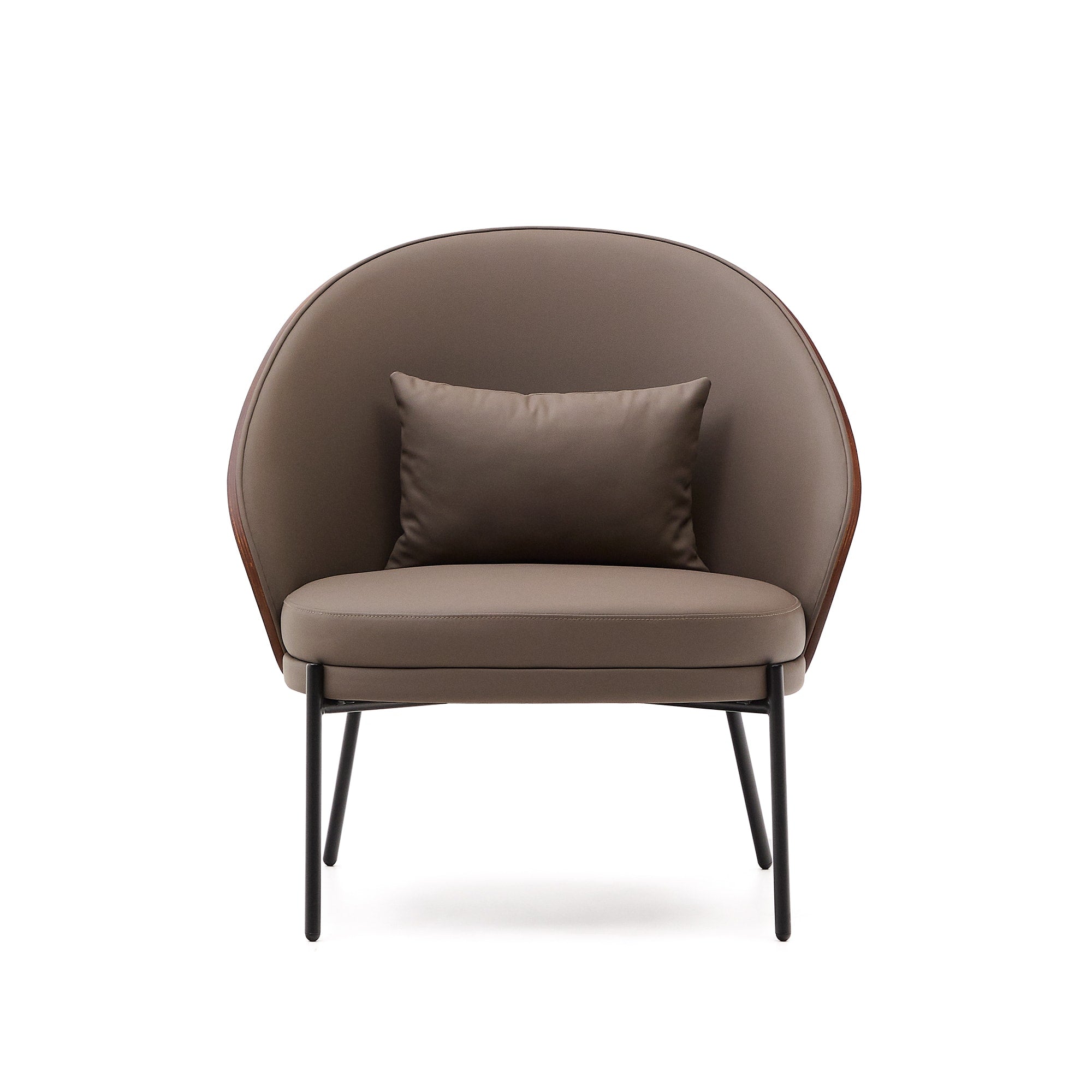 Eamy armchair in brown faux leather, ash veneer with walnut and black metal finish