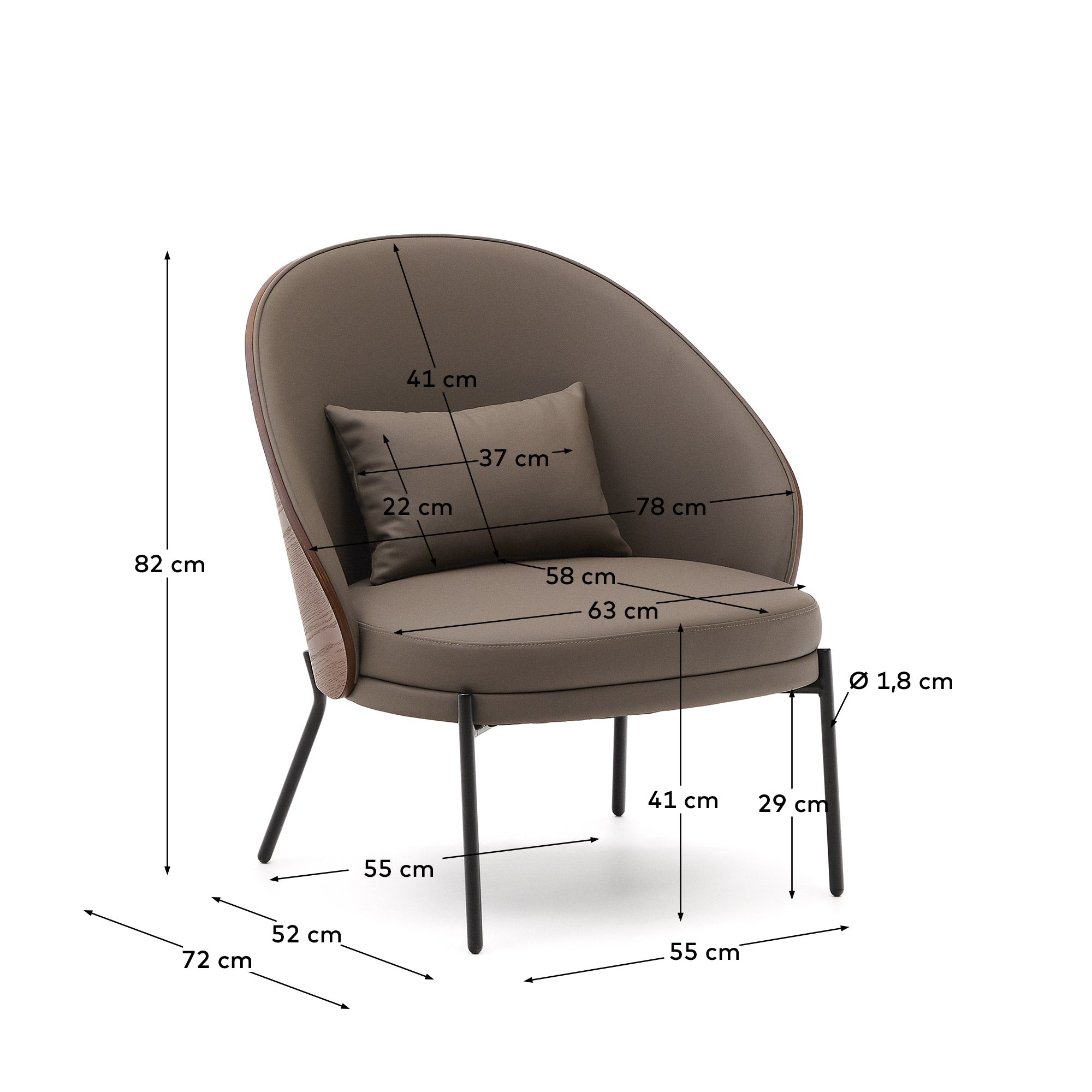 Eamy armchair in brown faux leather, ash veneer with walnut and black metal finish - Measurements