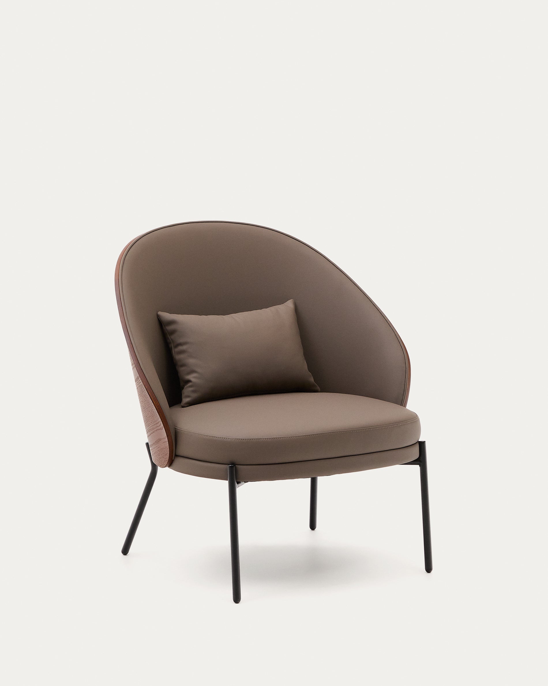 Eamy armchair in brown faux leather, ash veneer with walnut and black metal finish - Product View