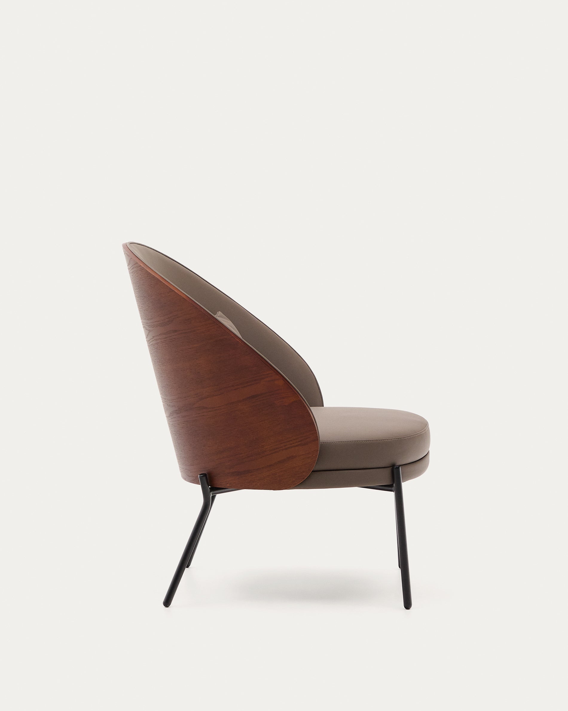 Eamy armchair in brown faux leather, ash veneer with walnut and black metal finish - Product View