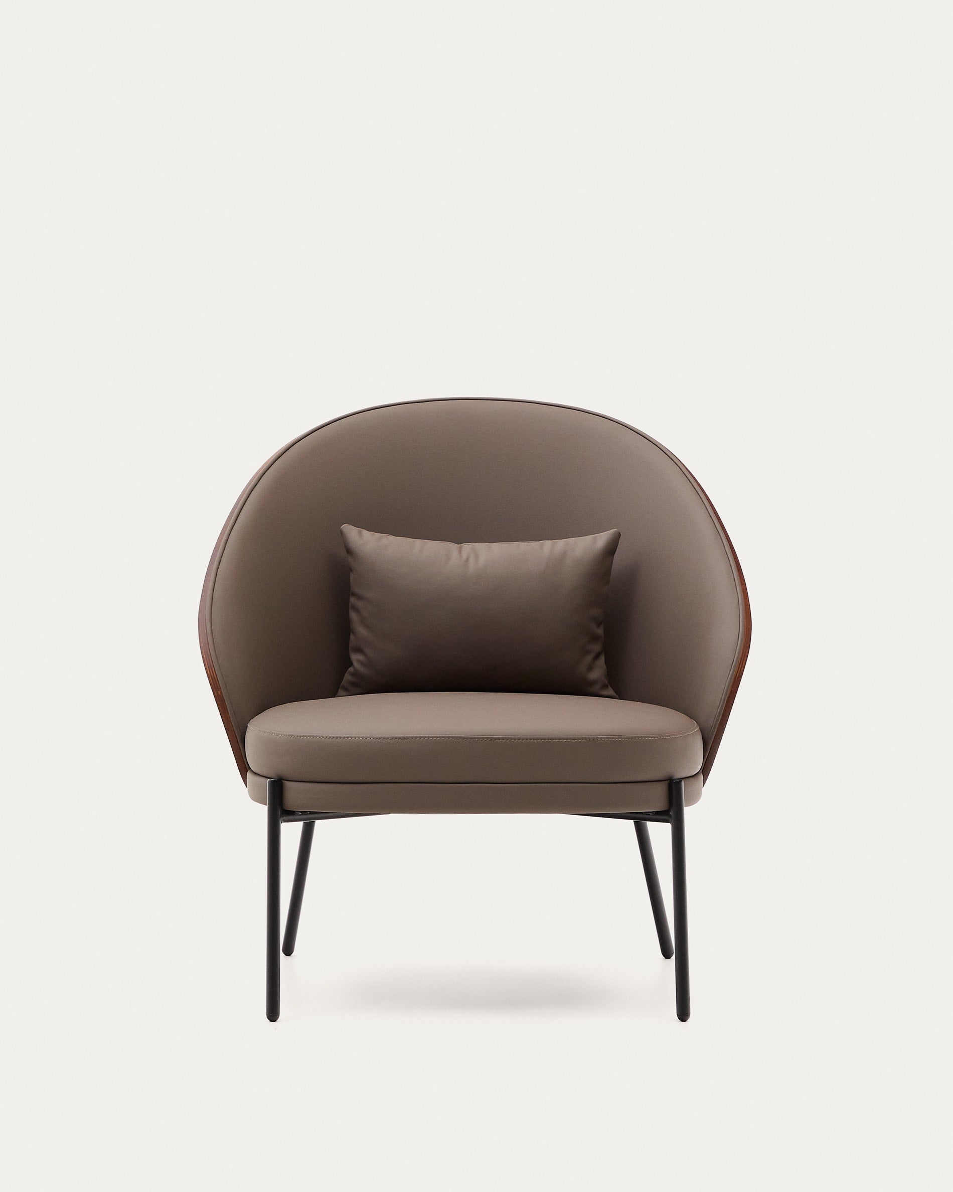 Eamy armchair in brown faux leather, ash veneer with walnut and black metal finish