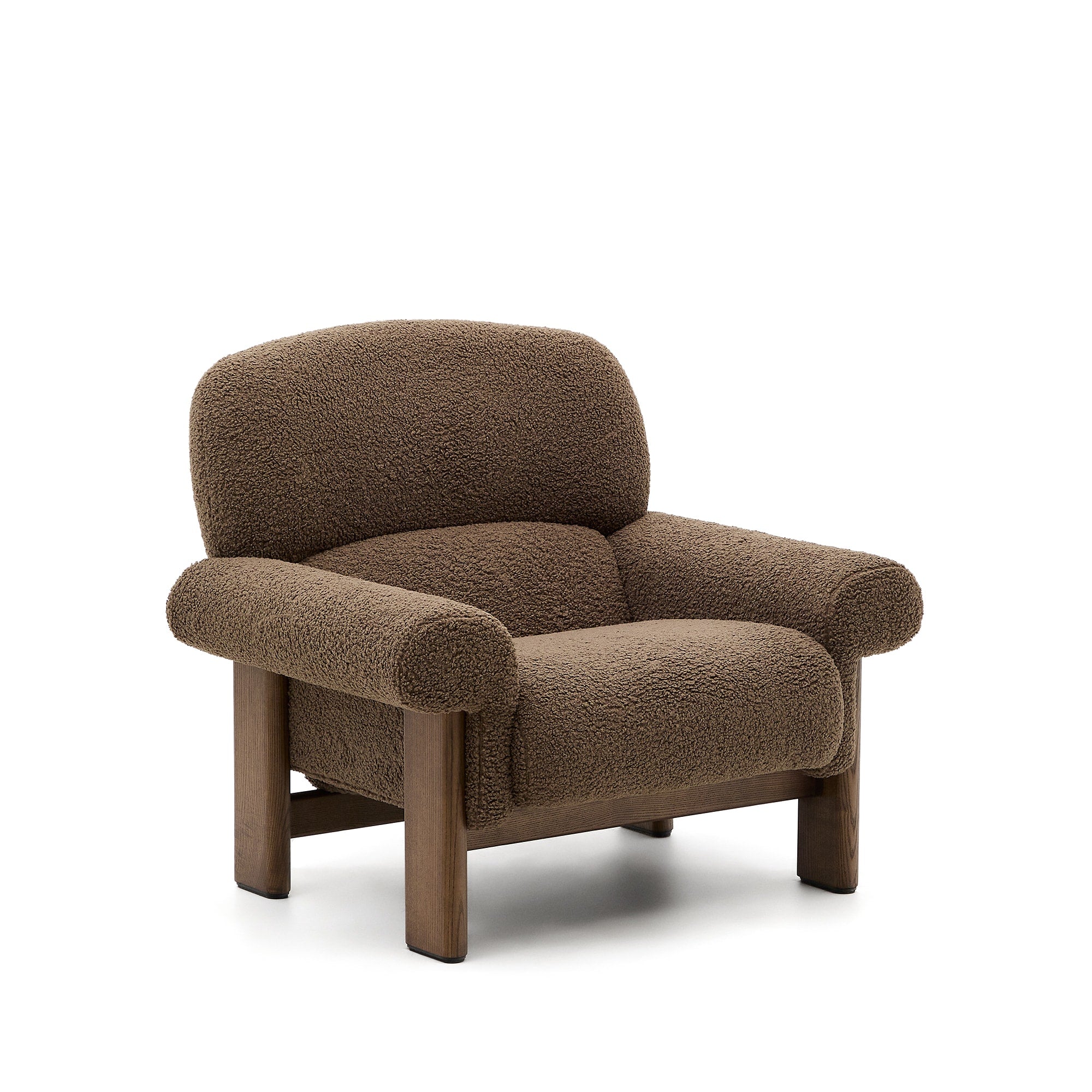 Cabana armchair in ocher bouclé, solid ash wood legs, walnut finish, FSC 100%