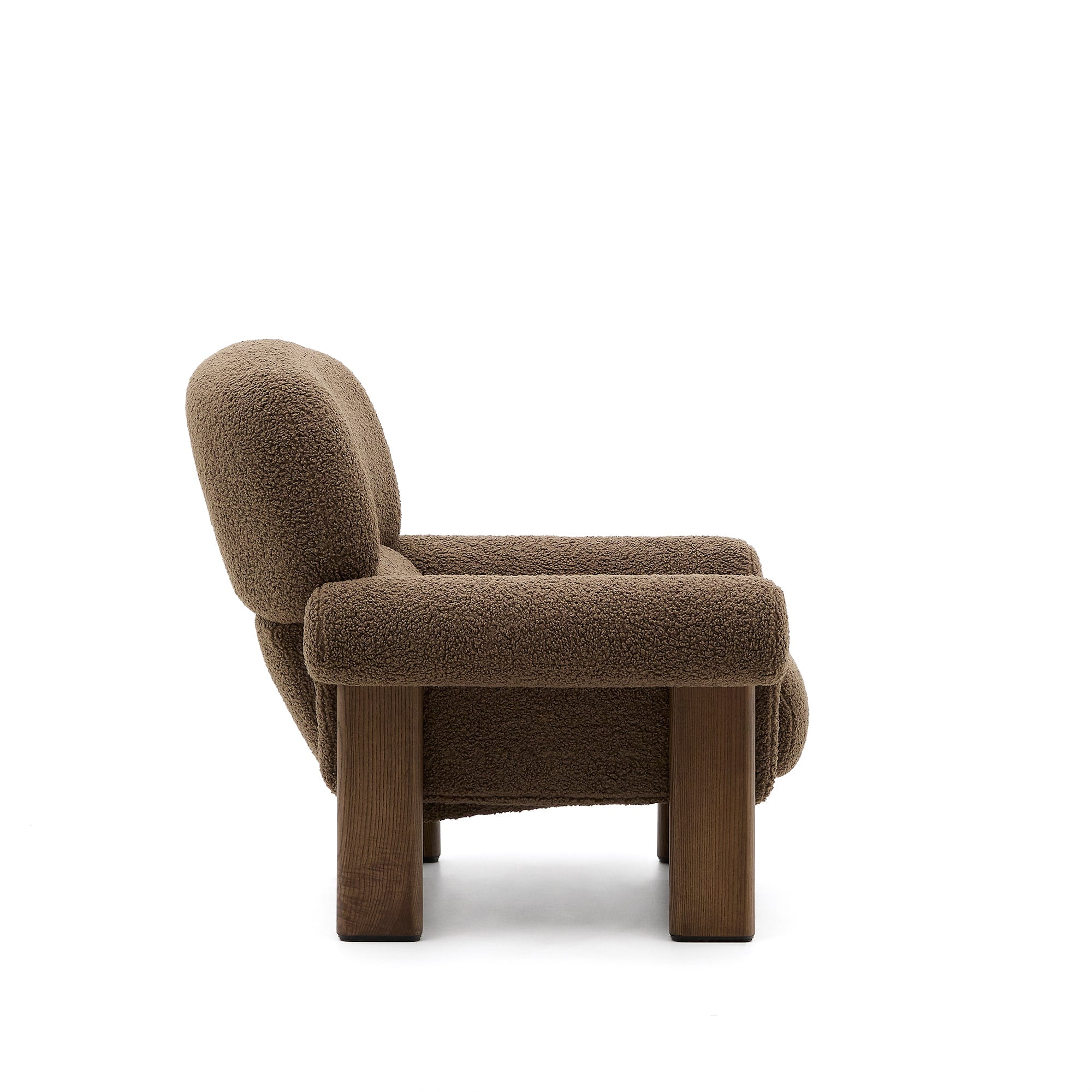 Cabana armchair in ocher bouclé, solid ash wood legs, walnut finish, FSC 100%