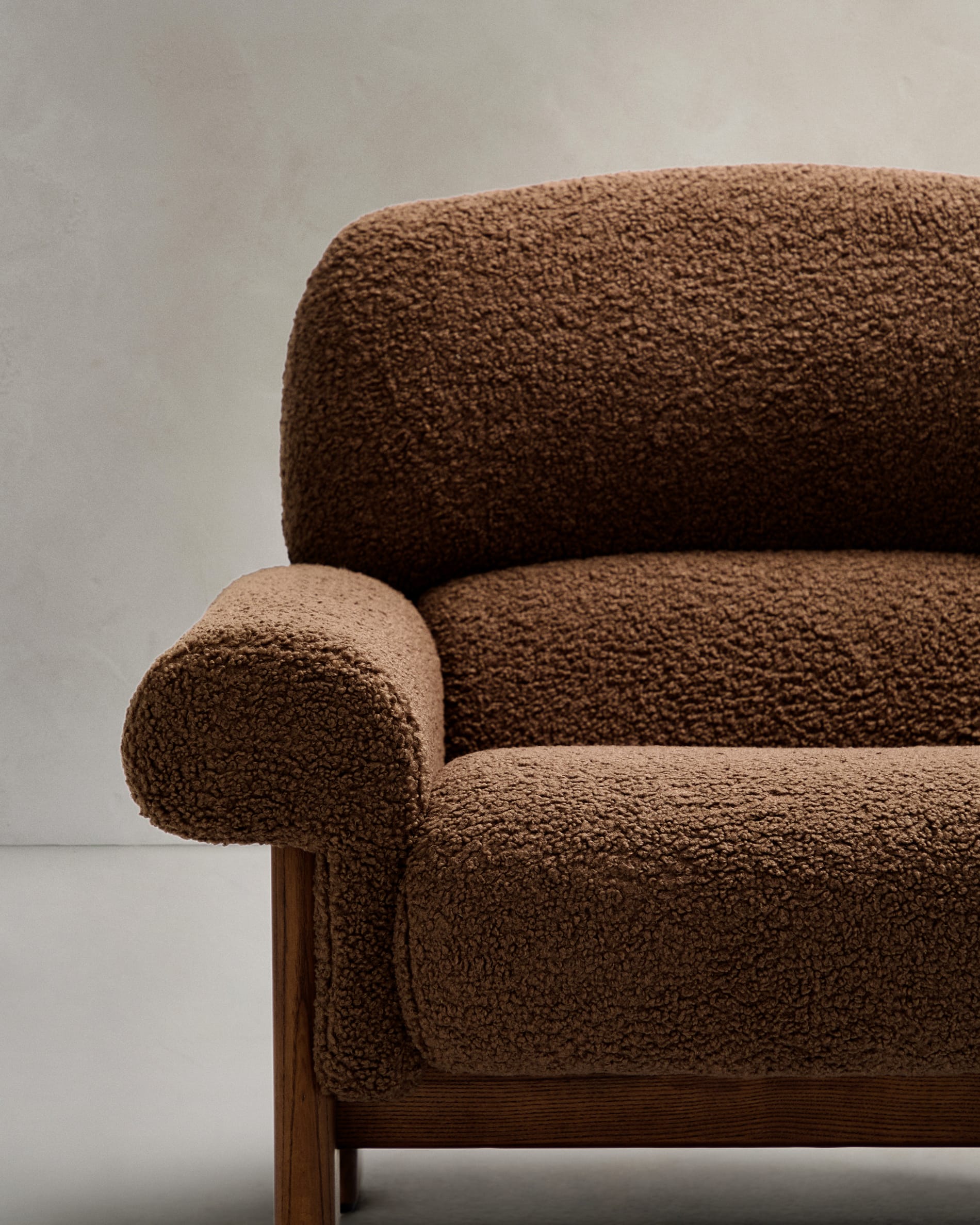 Cabana armchair in ocher bouclé, solid ash wood legs, walnut finish, FSC 100%