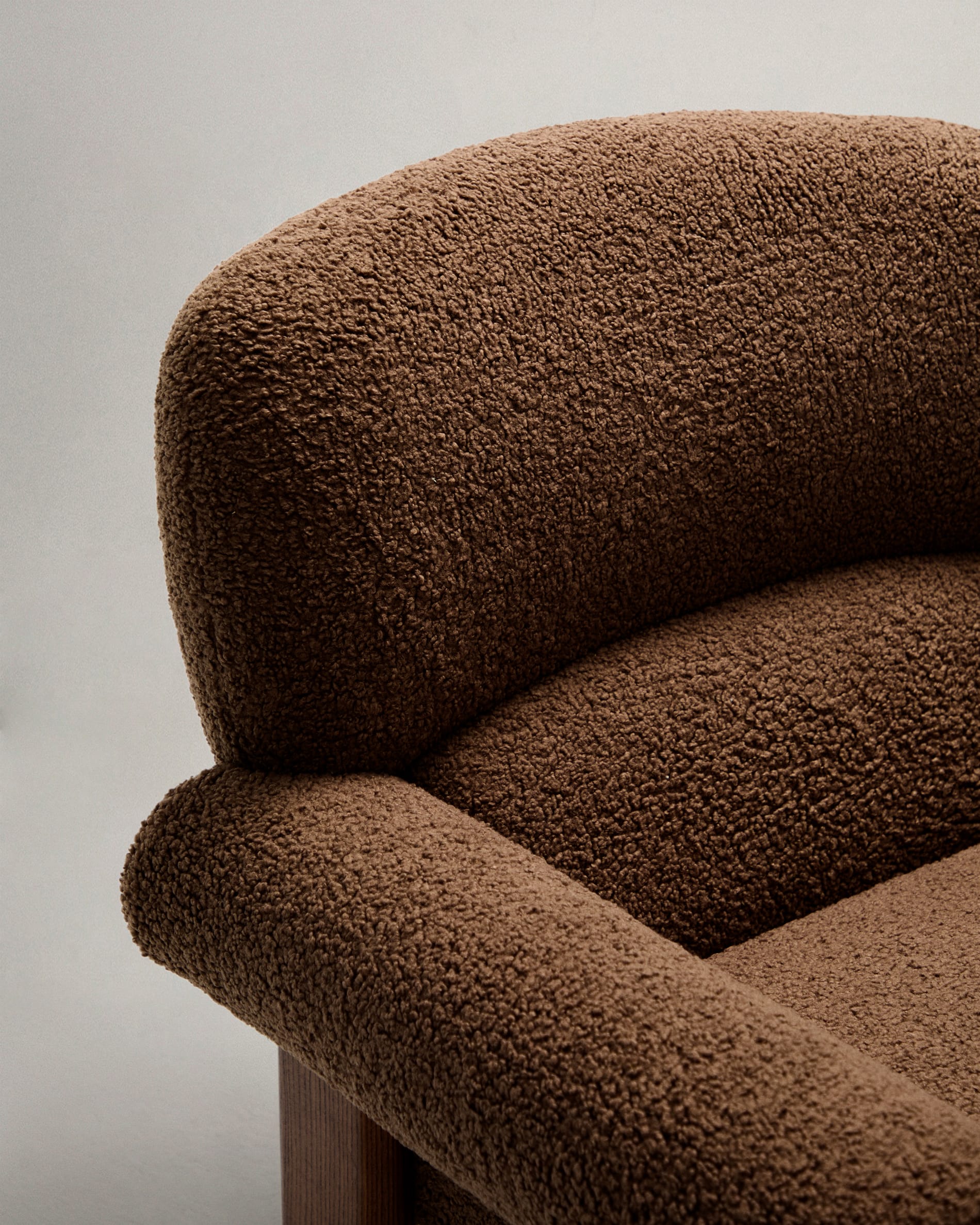 Cabana armchair in ocher bouclé, solid ash wood legs, walnut finish, FSC 100%