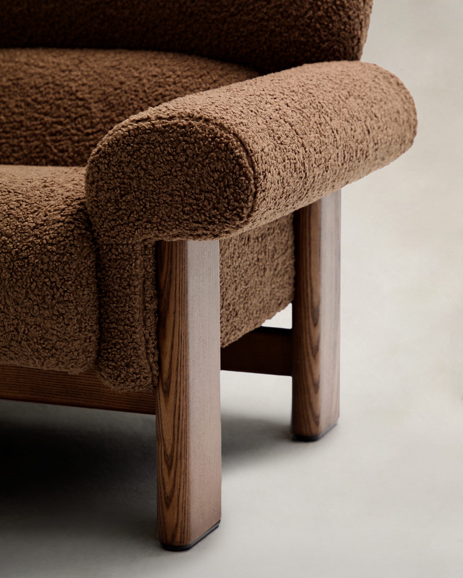 Cabana armchair in ocher bouclé, solid ash wood legs, walnut finish, FSC 100%