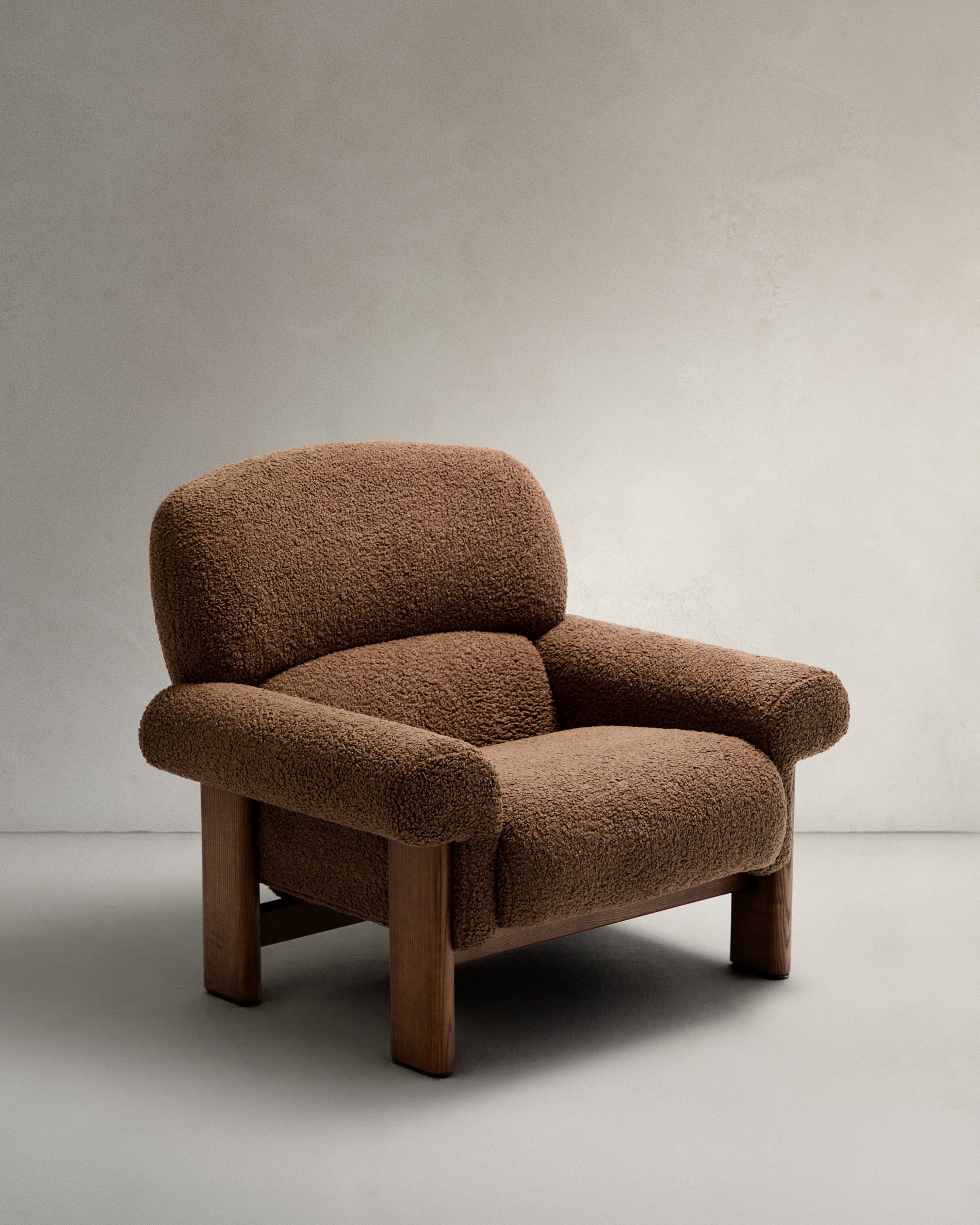 Cabana armchair in ocher bouclé, solid ash wood legs, walnut finish, FSC 100%