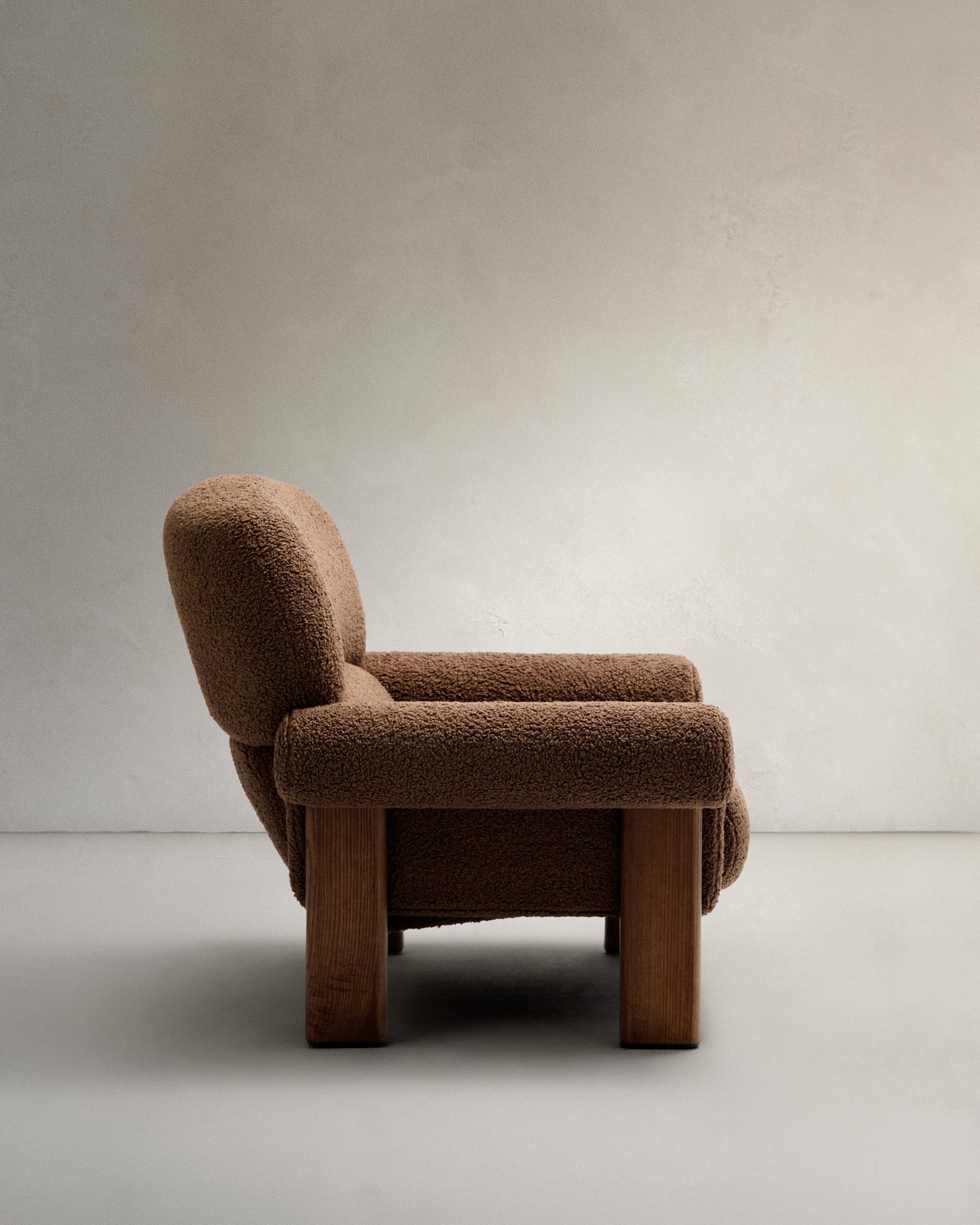 Cabana armchair in ocher bouclé, solid ash wood legs, walnut finish, FSC 100%