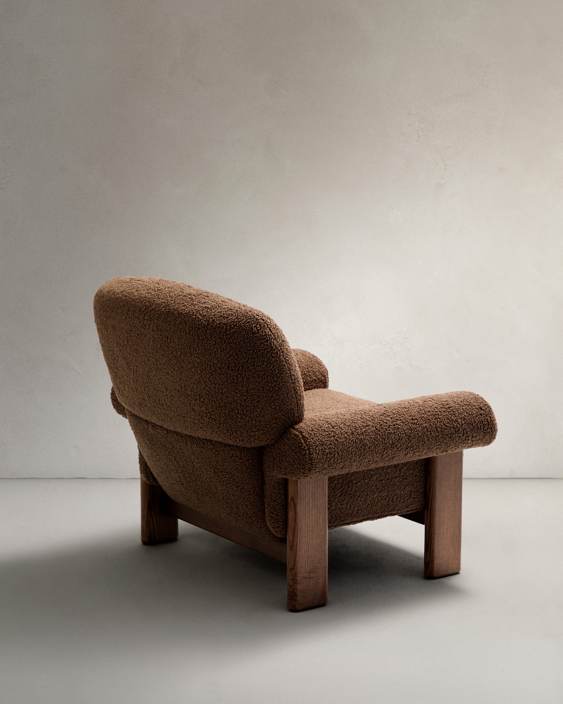 Cabana armchair in ocher bouclé, solid ash wood legs, walnut finish, FSC 100%