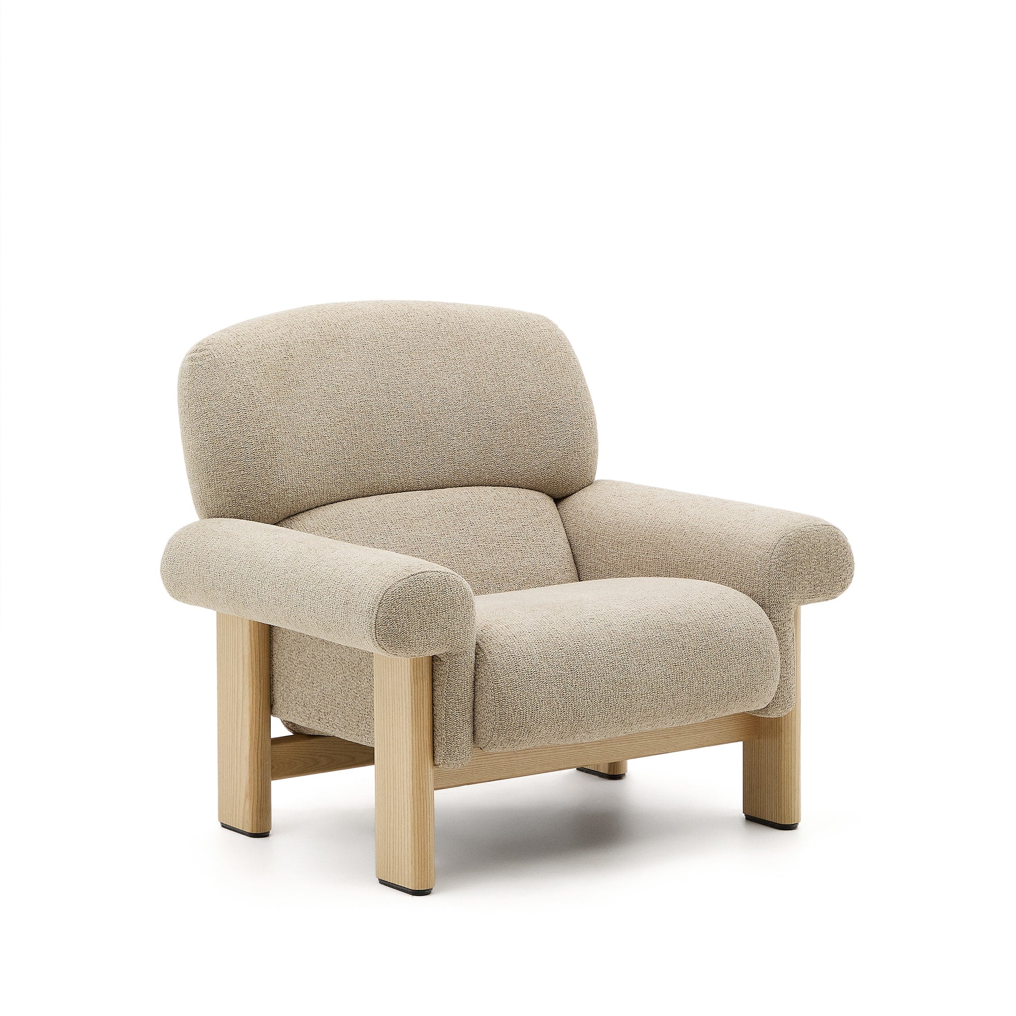 Cabana armchair in beige chenille, natural finish, solid ash wood legs, FSC 100%