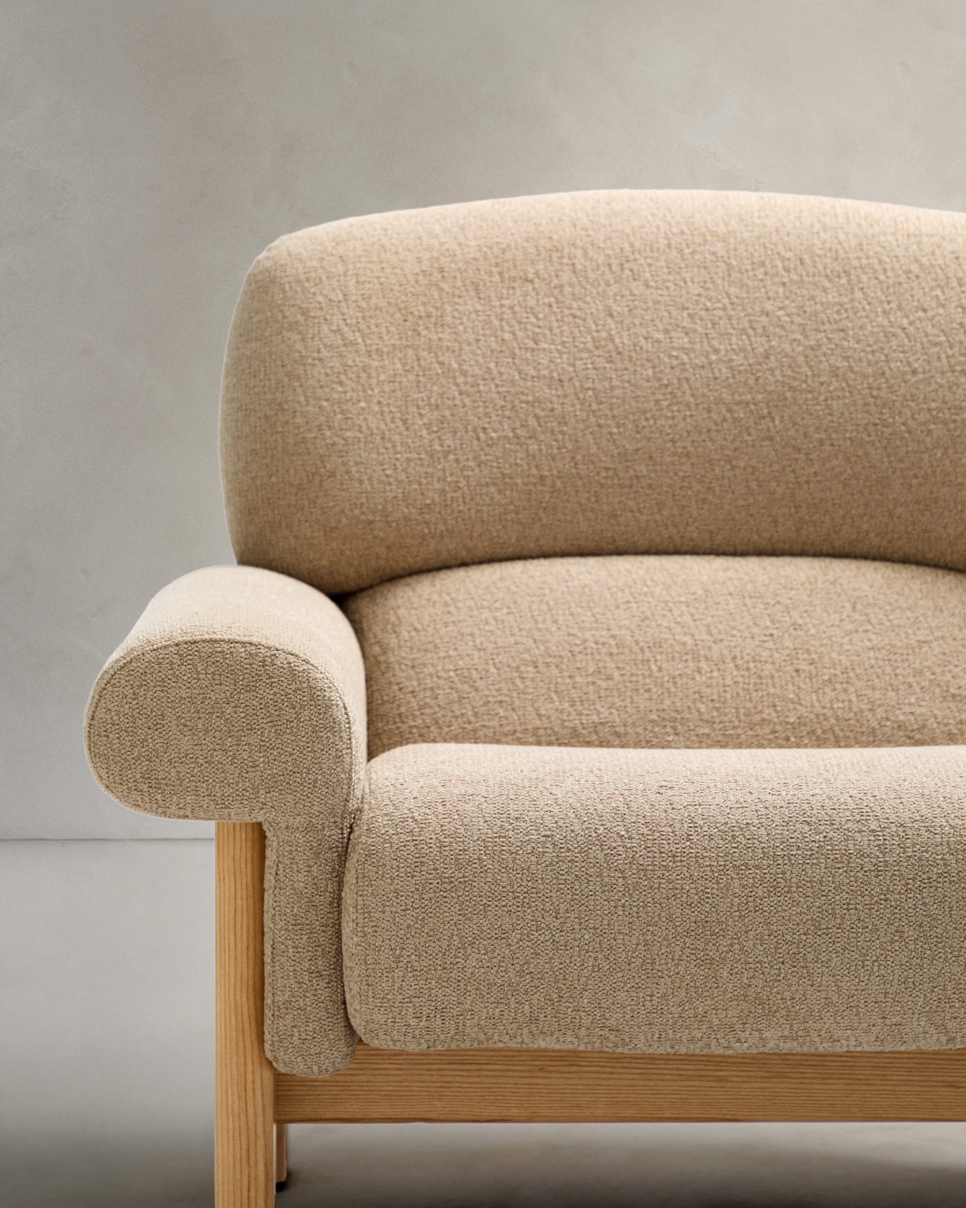 Cabana armchair in beige chenille, natural finish, solid ash wood legs, FSC 100%