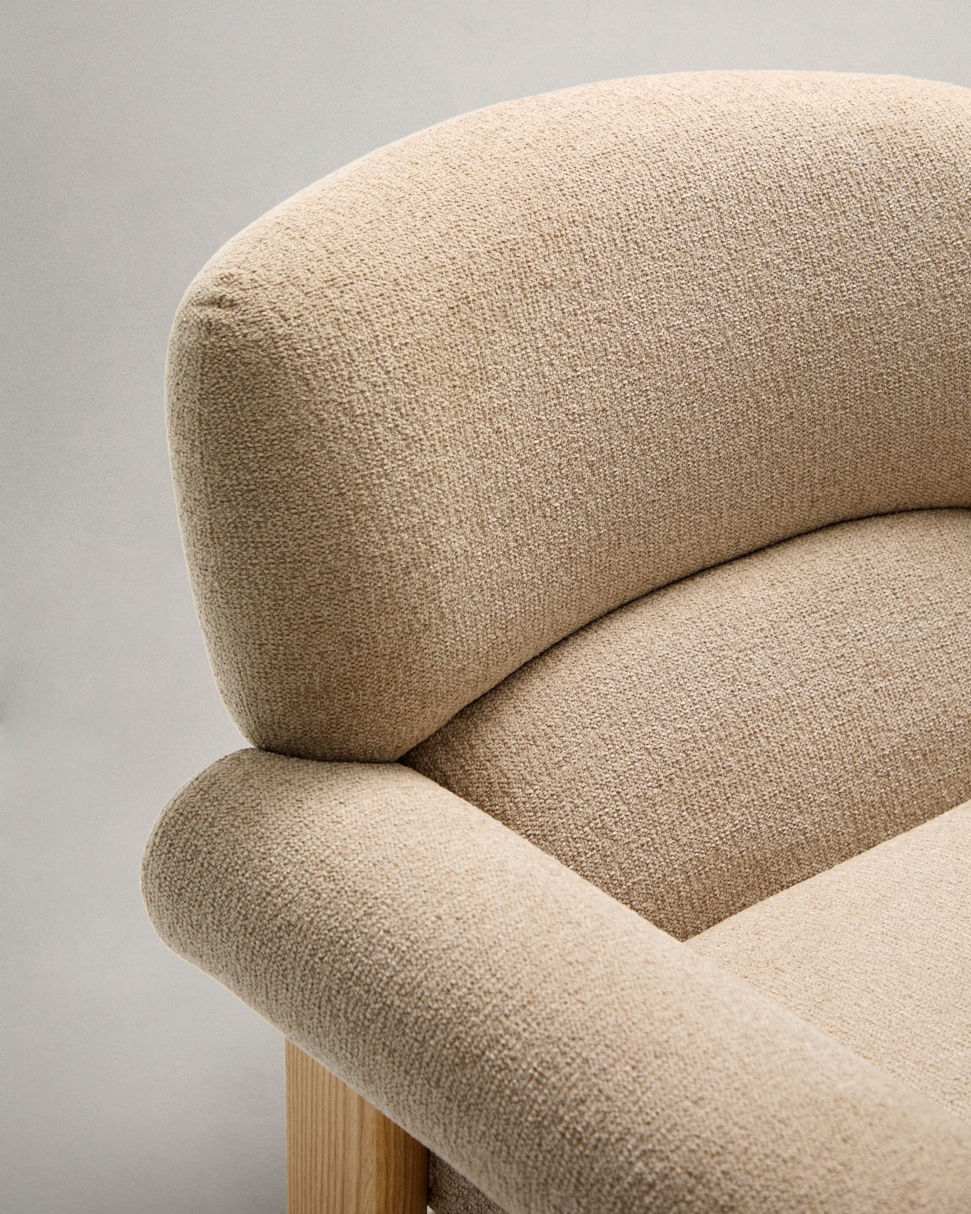 Cabana armchair in beige chenille, natural finish, solid ash wood legs, FSC 100%